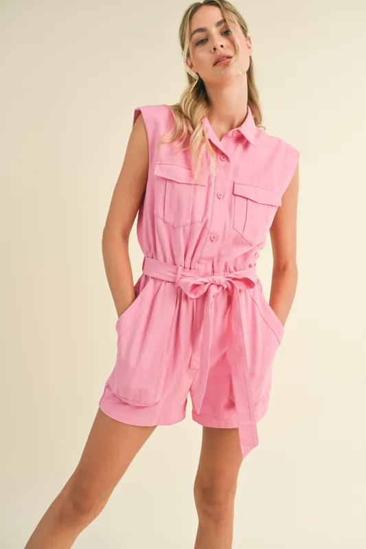 Cool Pink Button Up Cargo Romper sold by Pinkblush