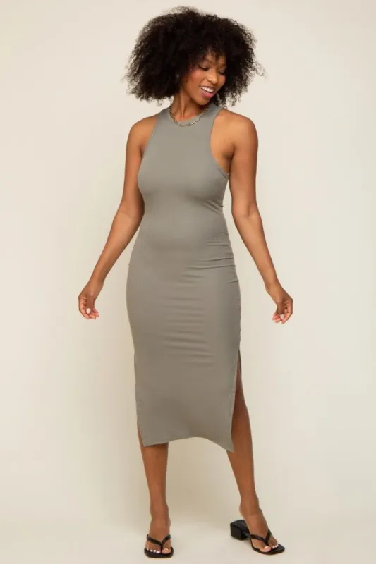 Light Olive Ribbed Sleeveless Side Slit Midi Dress sold by Pinkblush