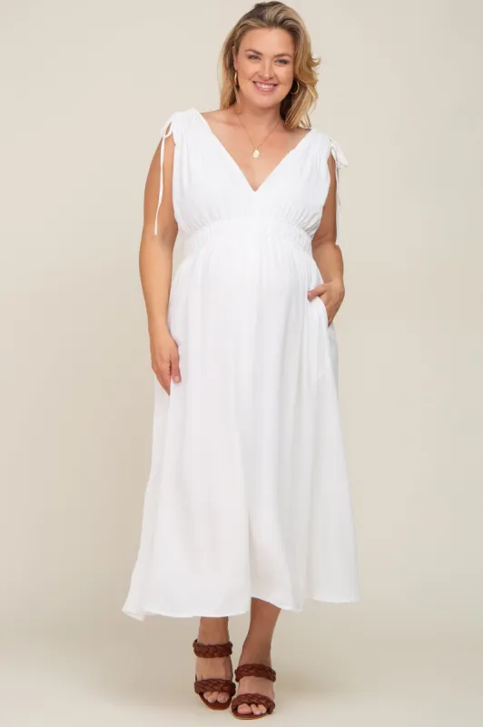 White V-Neck Drawstring Shoulder Maternity Plus Midi Dress sold by Pinkblush