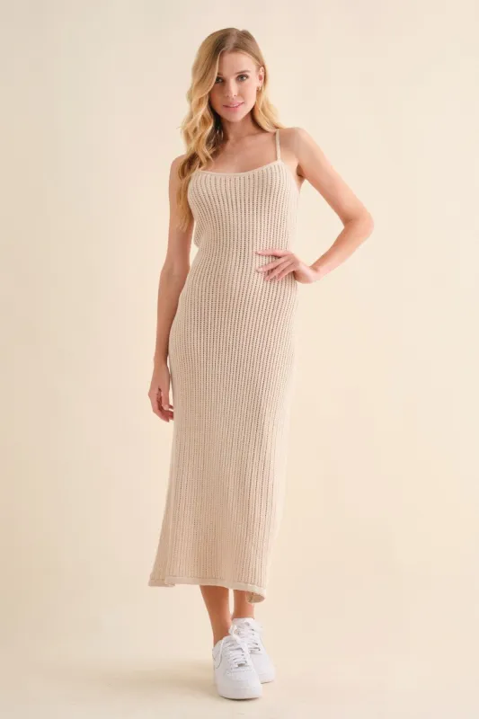 Beige Open Knit Crochet Midi Dress sold by Pinkblush