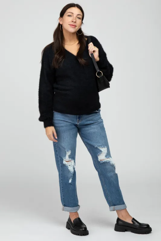 Blue Distressed Cropped Straight Maternity Jeans sold by Pinkblush