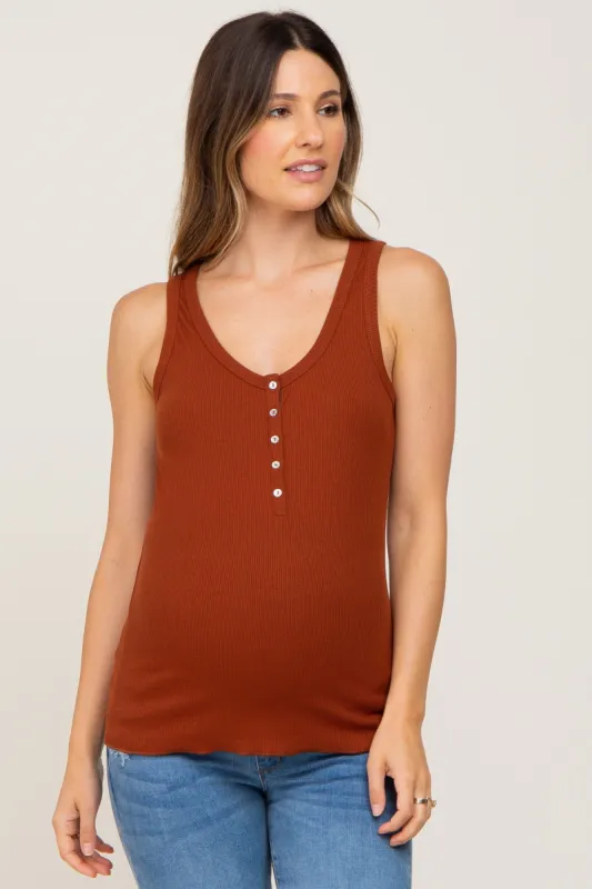 Camel Ribbed Button Front Maternity Tank Top sold by Pinkblush