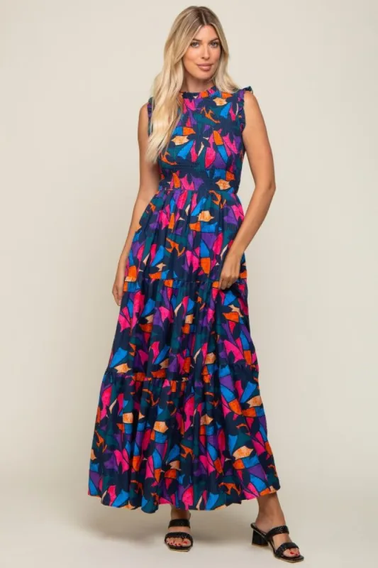 Multi-Color Print Smocked Ruffle Mock Neck Tiered Maxi Dress made by Pinkblush