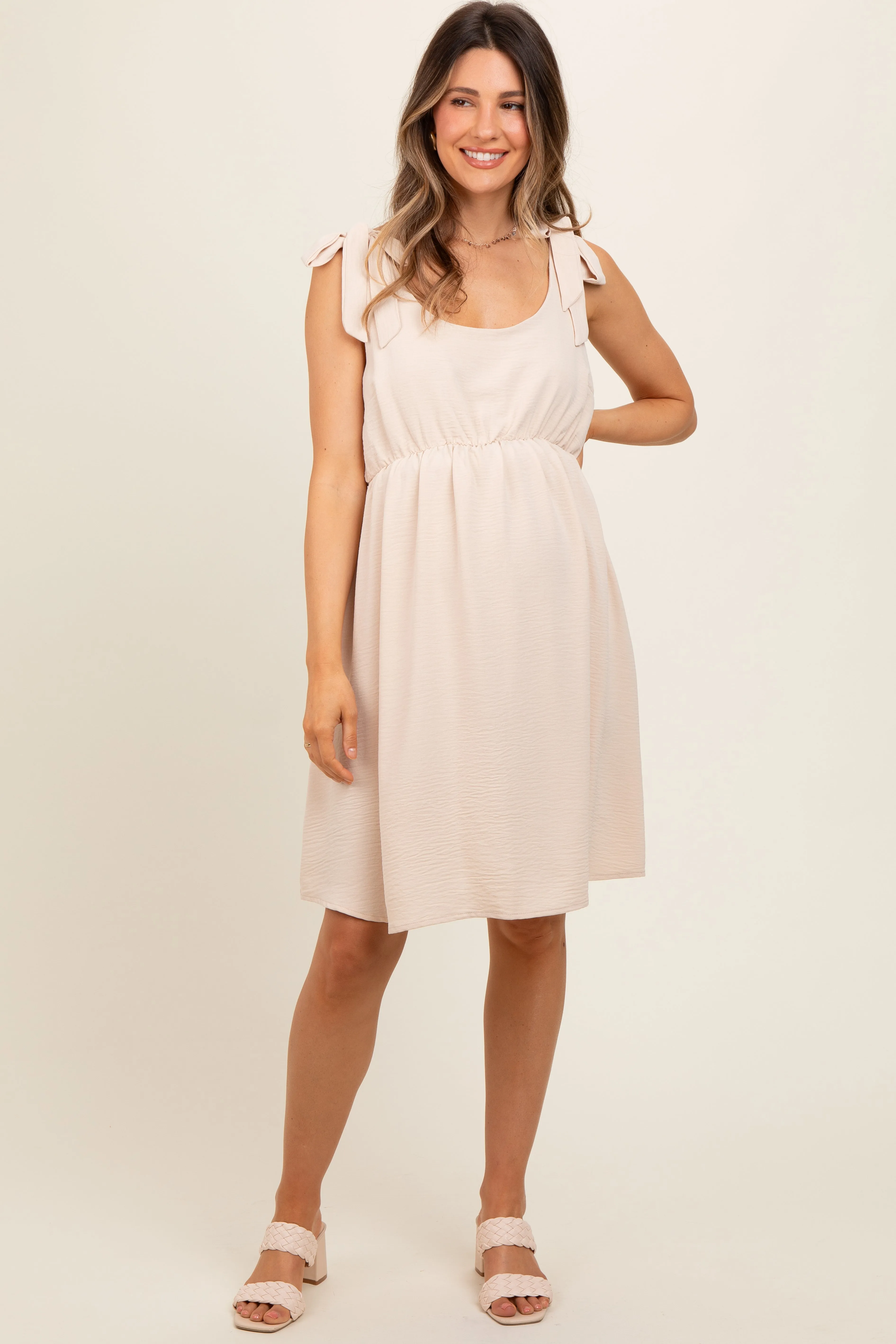 Beige Solid Tie-Shoulder Scoop Neck Maternity Dress sold by Pinkblush product image thumbnail 2
