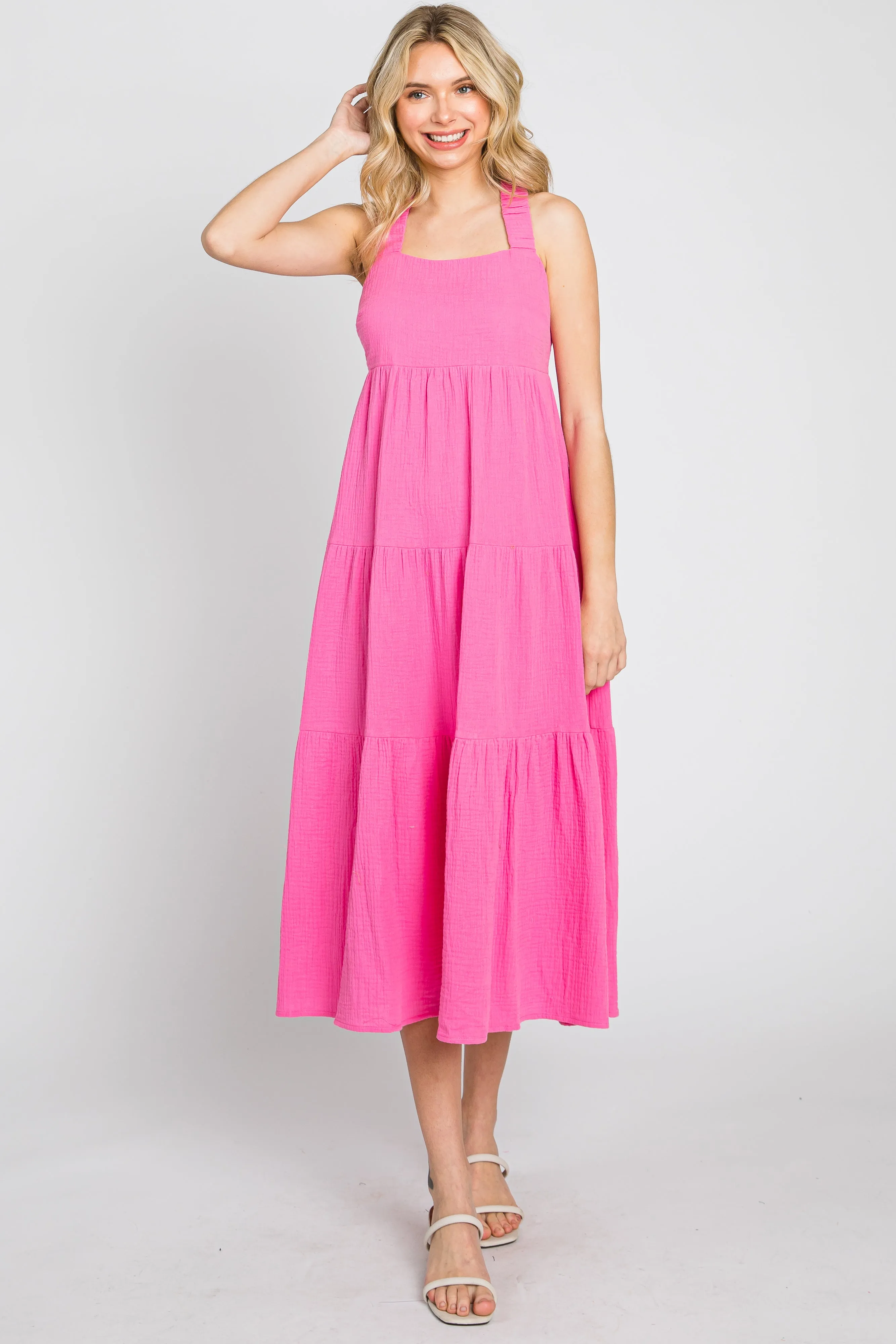 Neon Pink Tiered Crisscross Strap Midi Dress sold by Pinkblush product image thumbnail 5