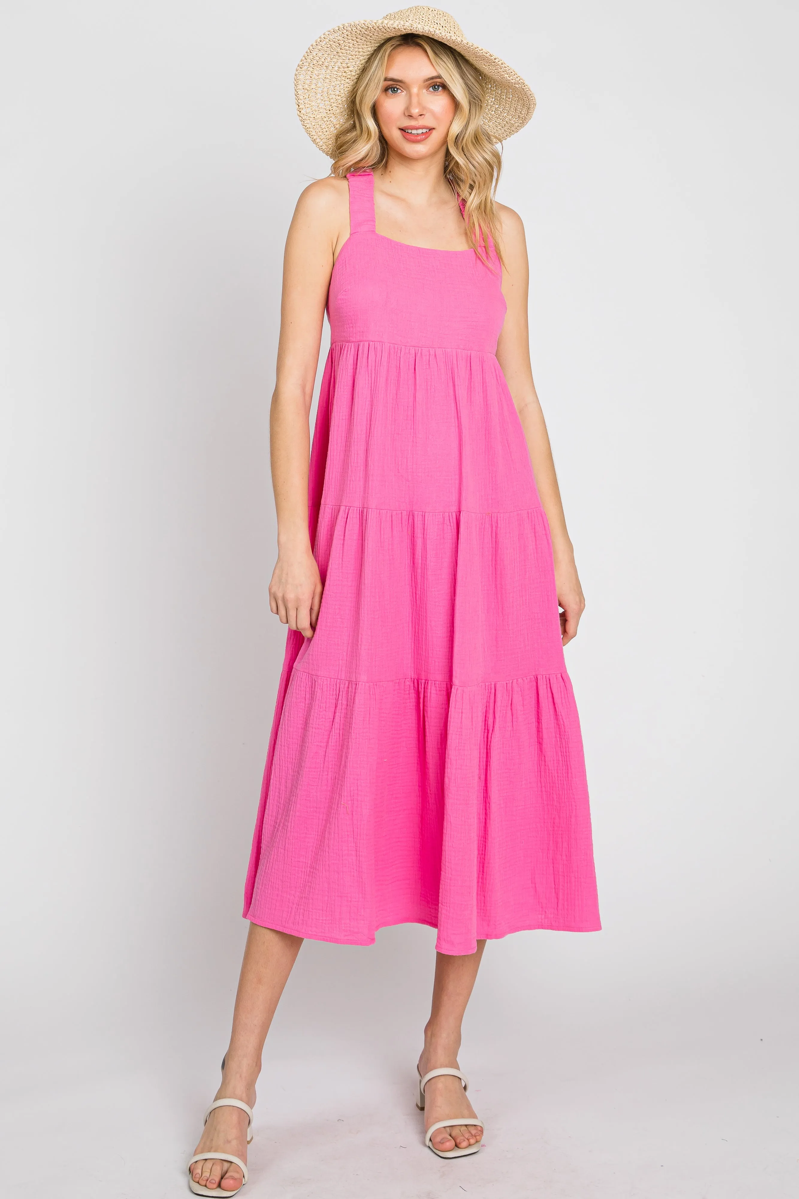 Neon Pink Tiered Crisscross Strap Midi Dress sold by Pinkblush product image thumbnail 2