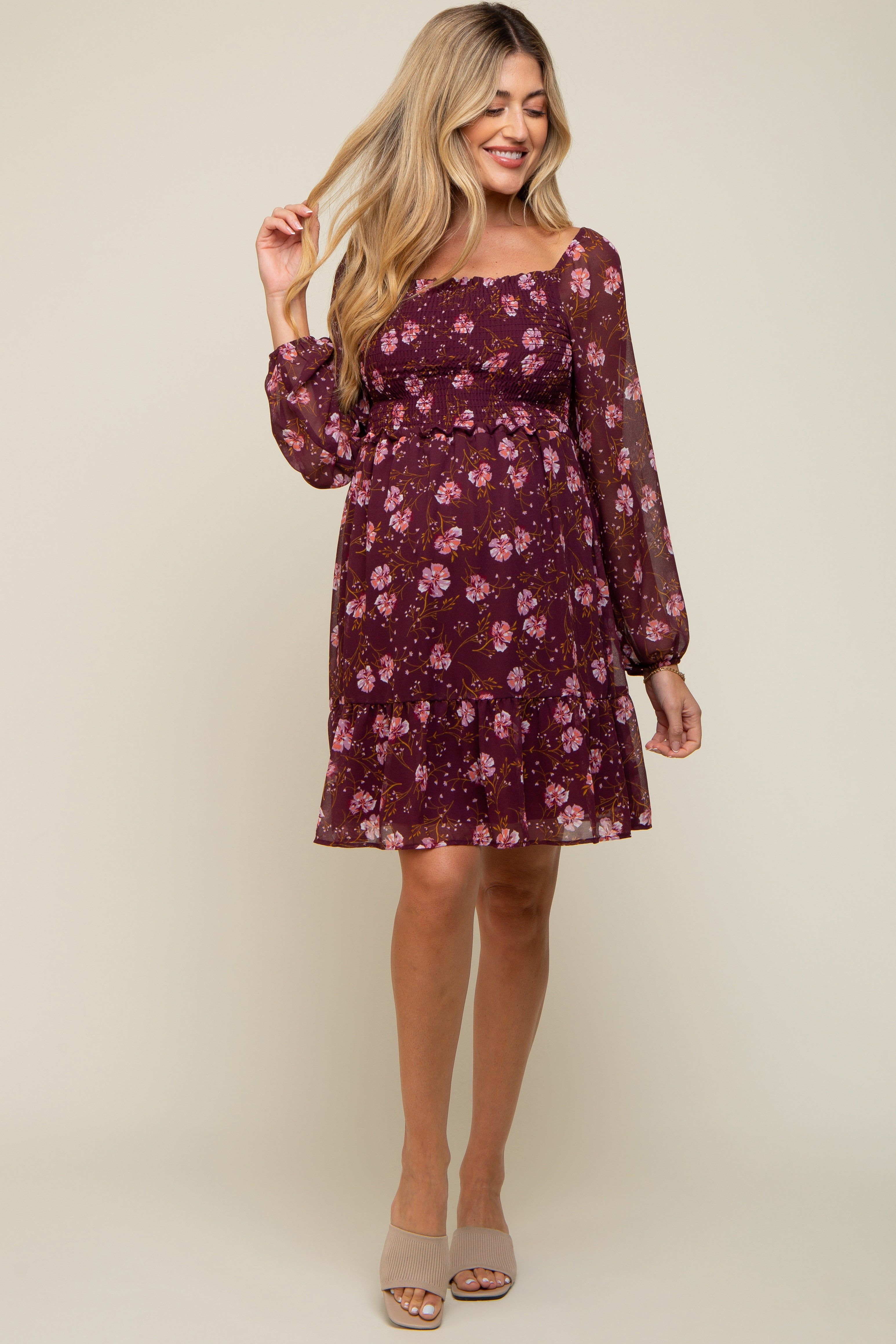 Burgundy Floral Smocked Long Sleeve Maternity Dress sold by Pinkblush product image thumbnail 5