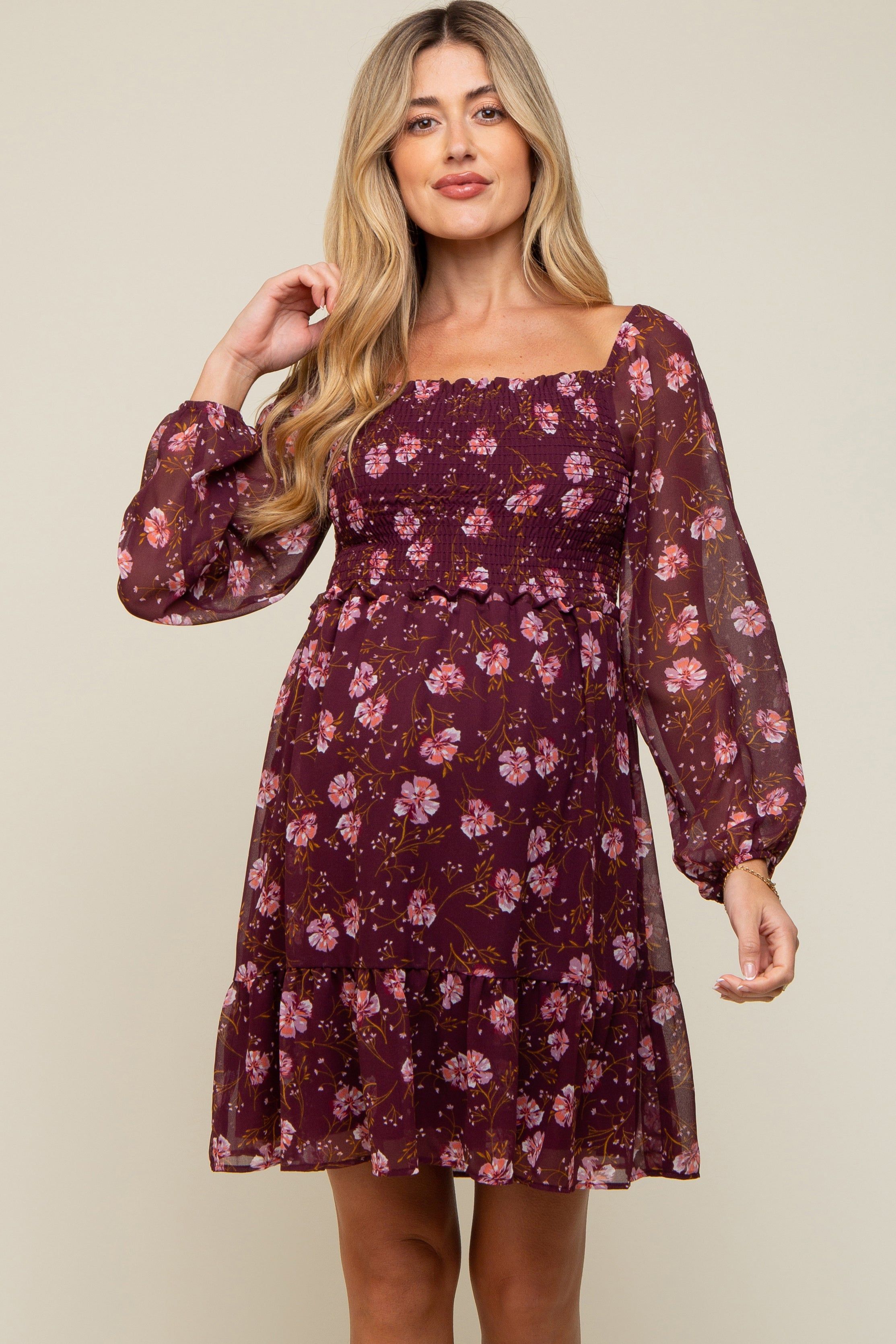 Burgundy Floral Smocked Long Sleeve Maternity Dress sold by Pinkblush product image thumbnail 2