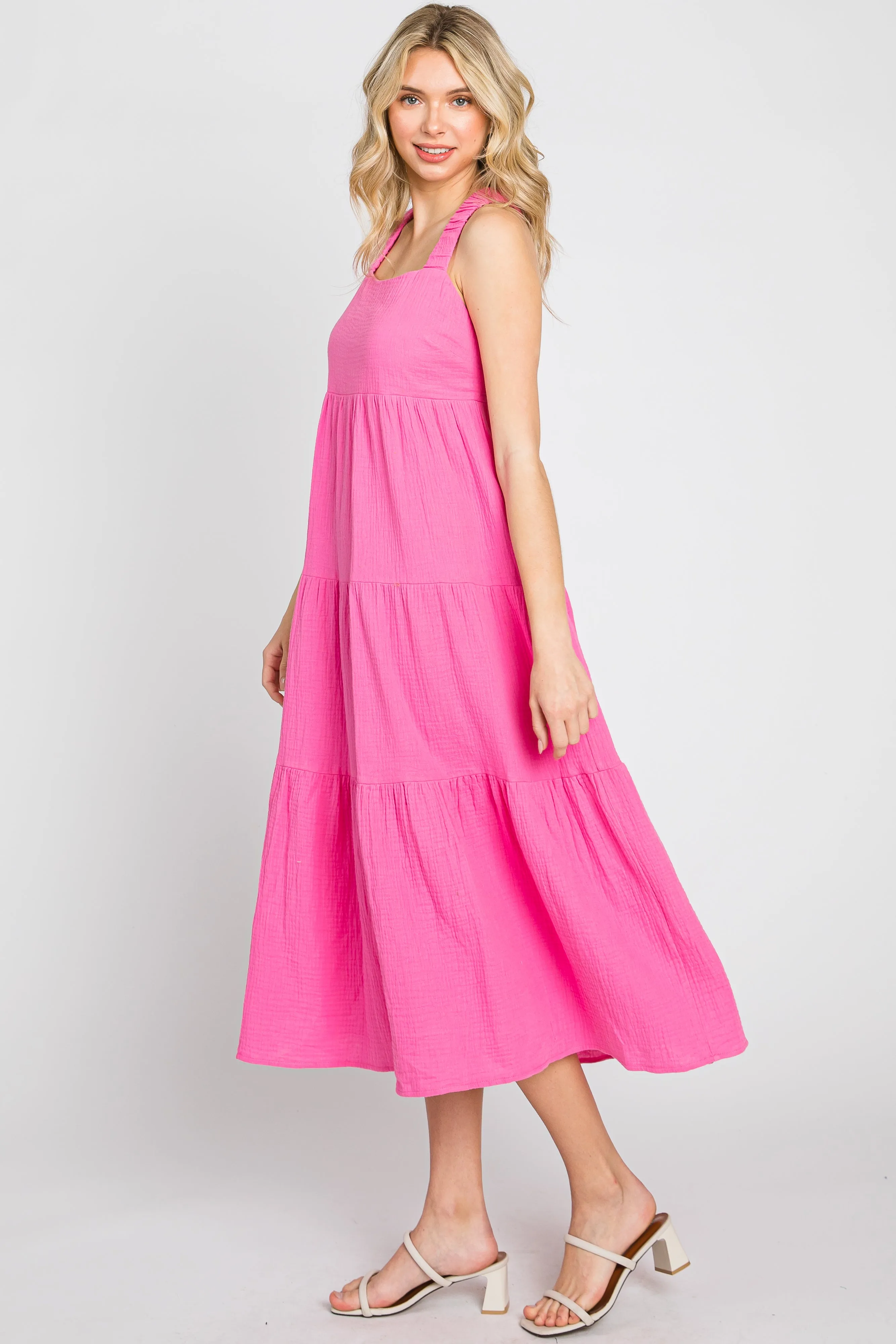 Neon Pink Tiered Crisscross Strap Midi Dress sold by Pinkblush product image thumbnail 3