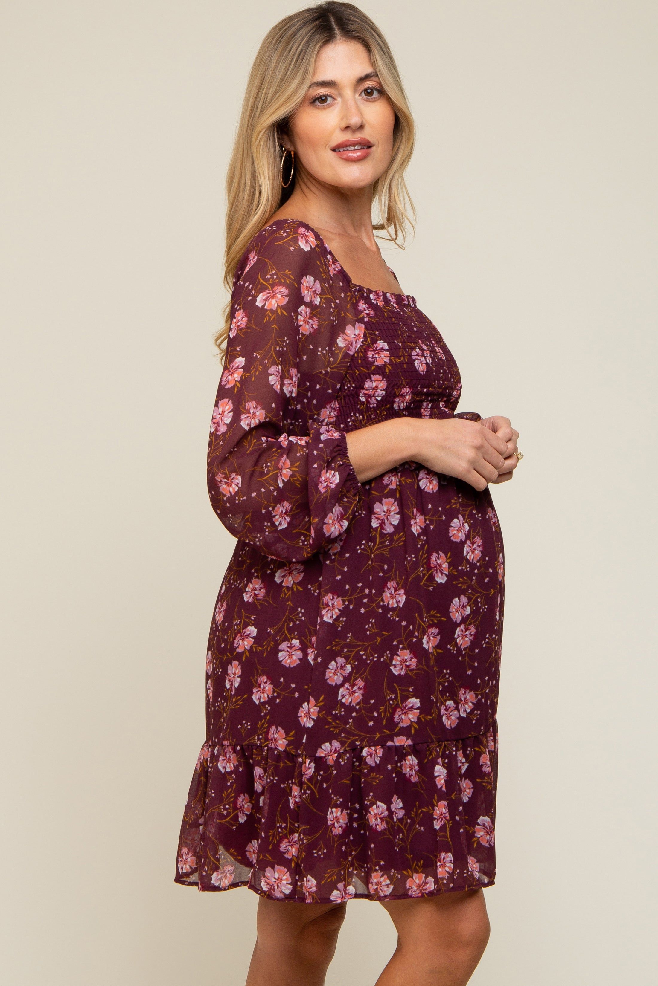 Burgundy Floral Smocked Long Sleeve Maternity Dress sold by Pinkblush product image thumbnail 3
