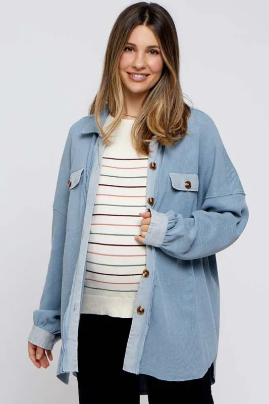 Light Blue Waffle Knit Button Up Maternity Top sold by Pinkblush