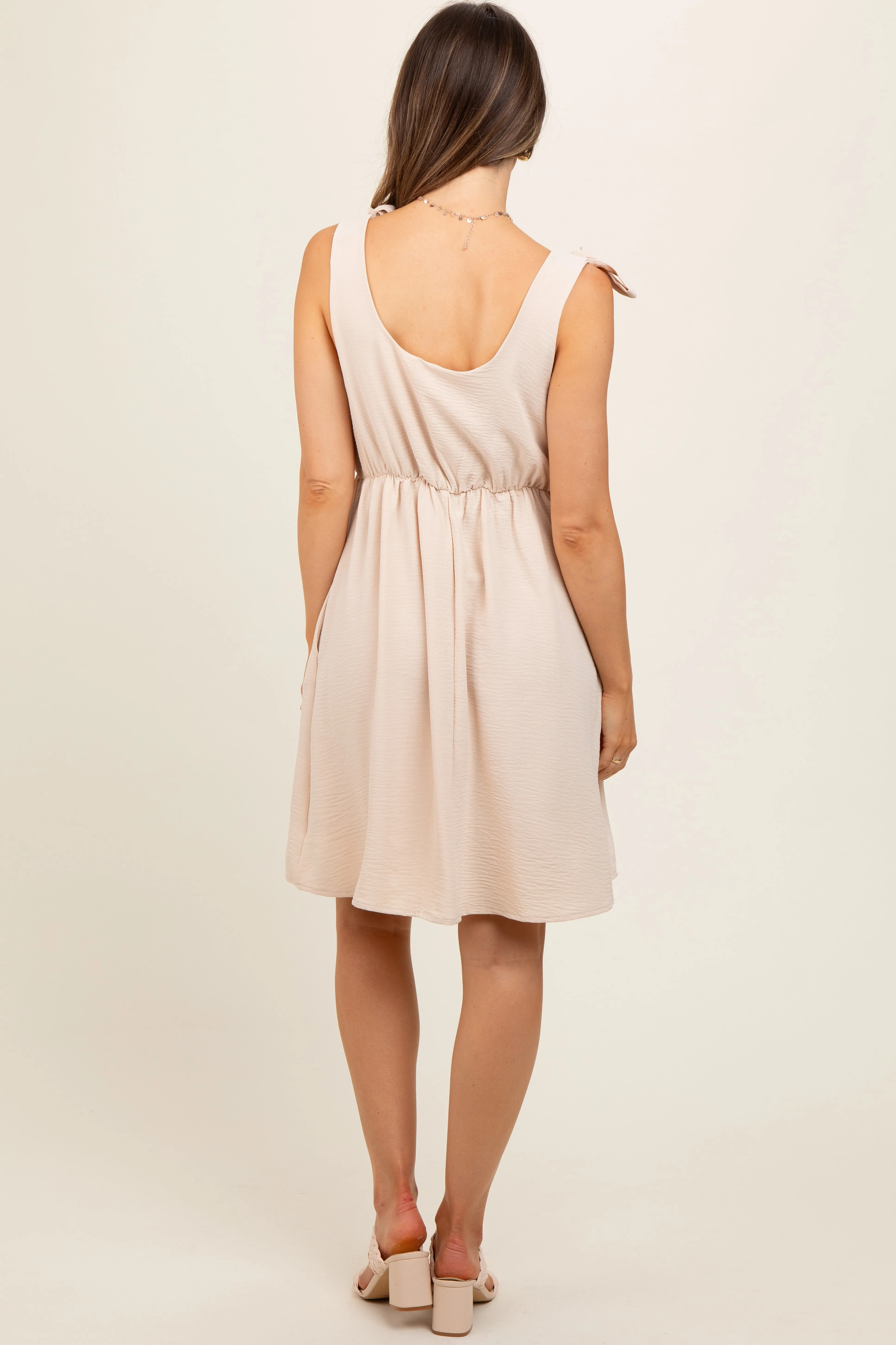 Beige Solid Tie-Shoulder Scoop Neck Maternity Dress sold by Pinkblush product image thumbnail 4