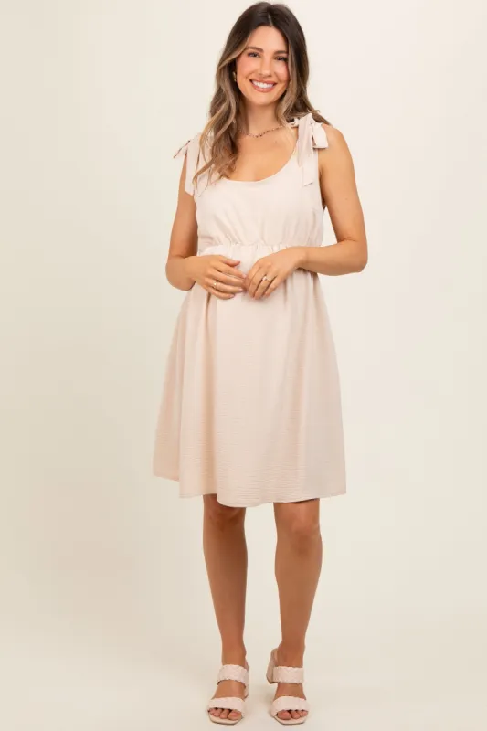 Beige Solid Tie-Shoulder Scoop Neck Maternity Dress sold by Pinkblush