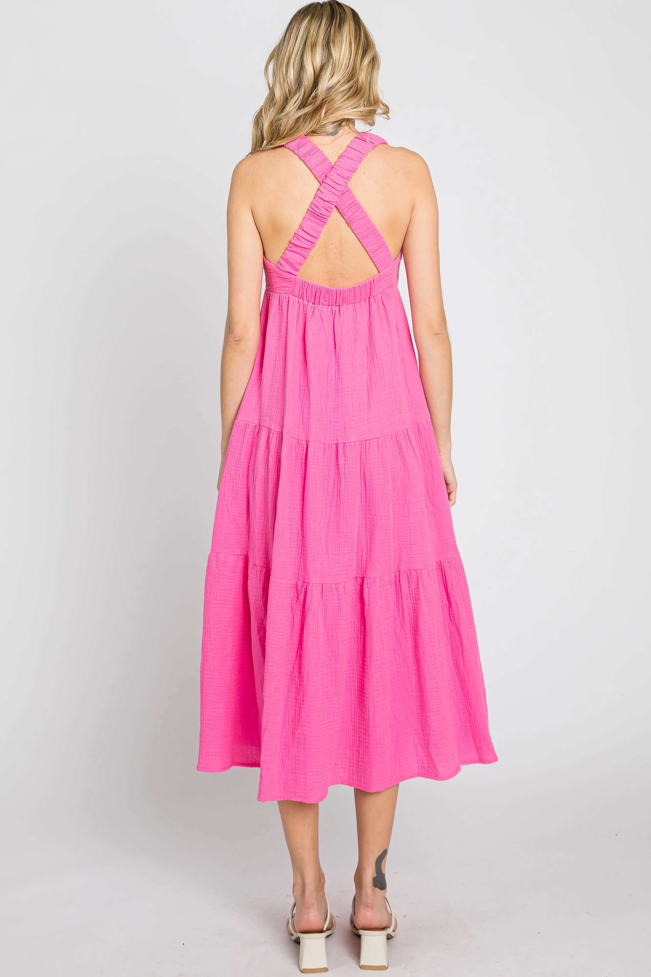 Neon Pink Tiered Crisscross Strap Midi Dress sold by Pinkblush product image thumbnail 4