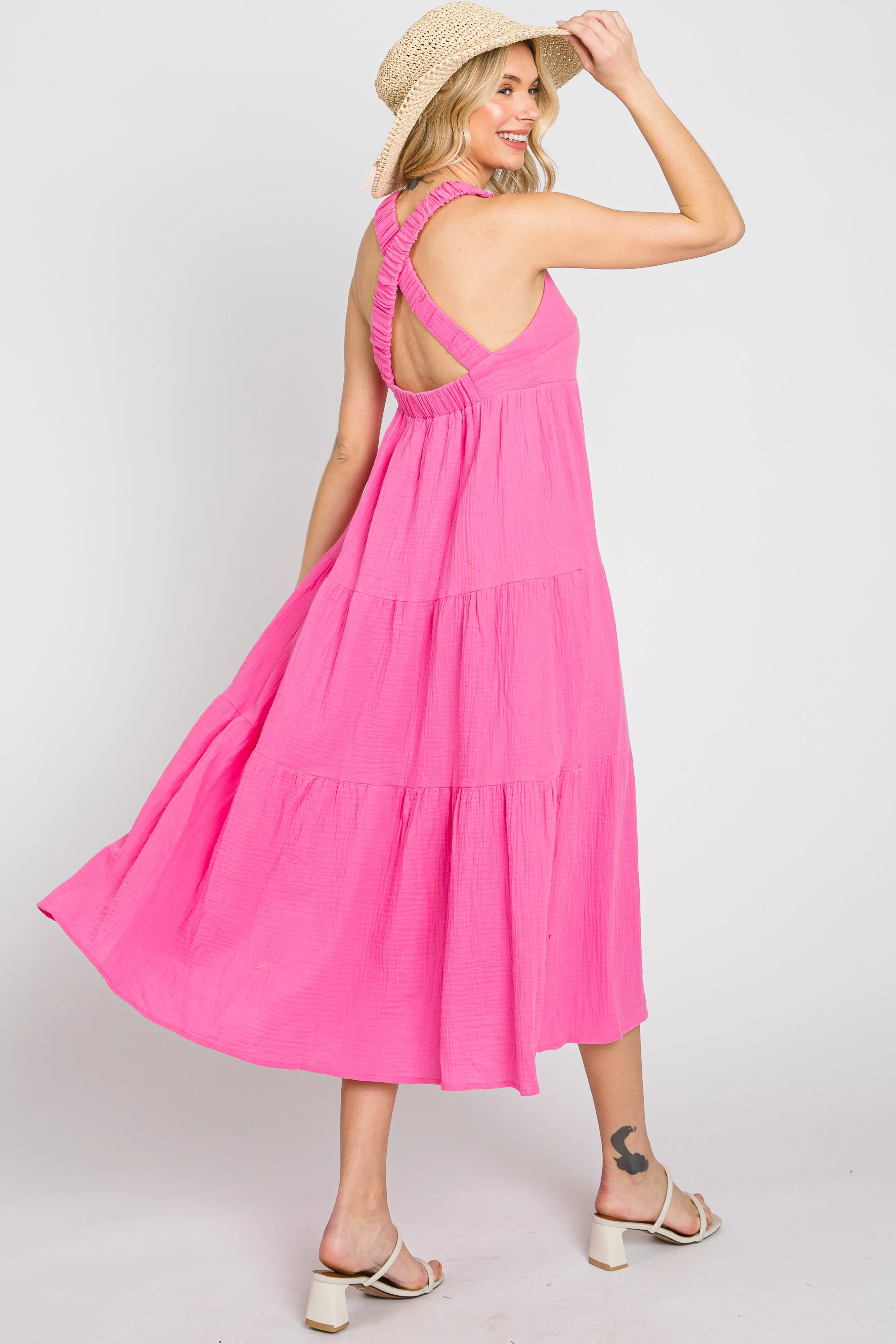 Neon Pink Tiered Crisscross Strap Midi Dress sold by Pinkblush