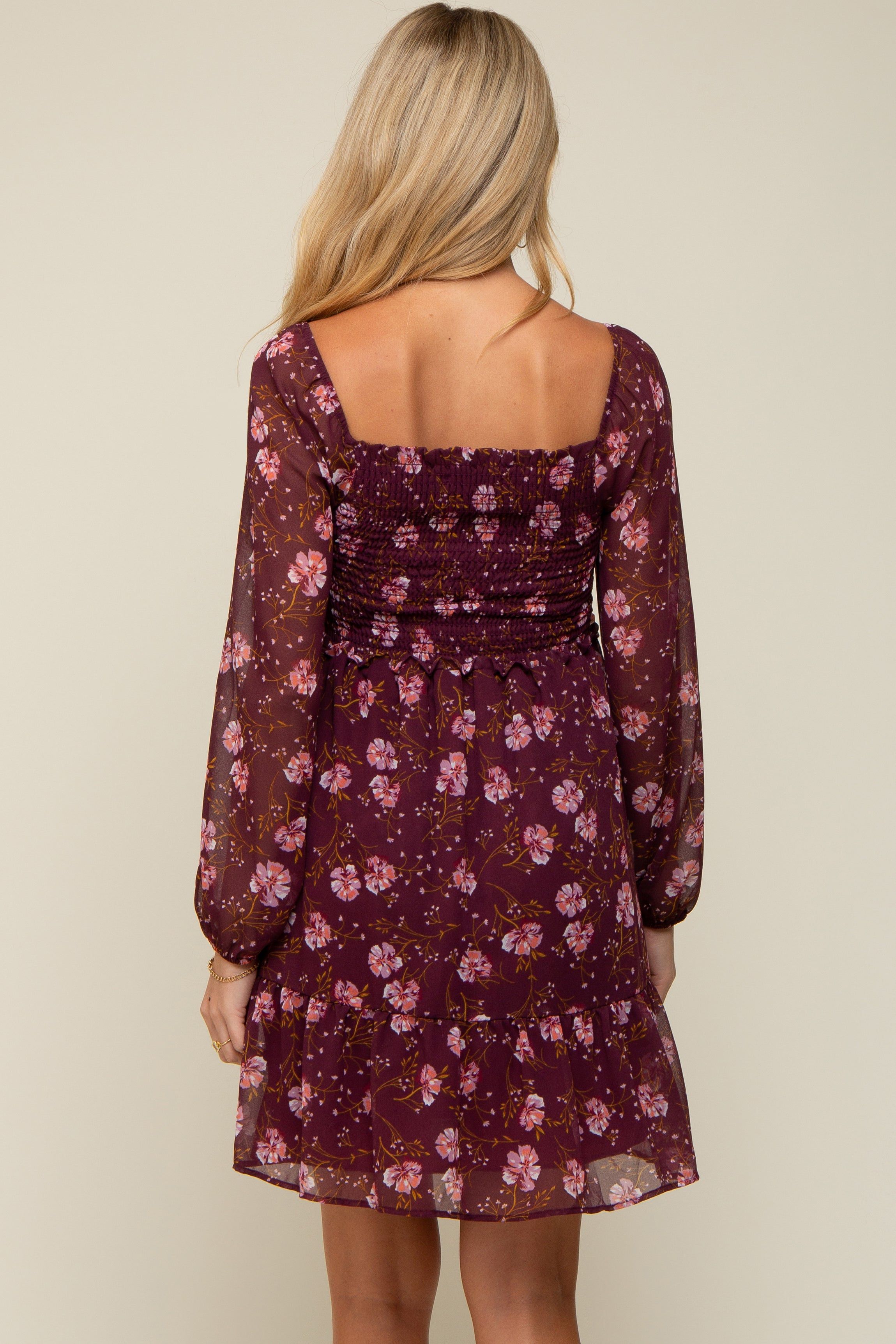 Burgundy Floral Smocked Long Sleeve Maternity Dress sold by Pinkblush product image thumbnail 4
