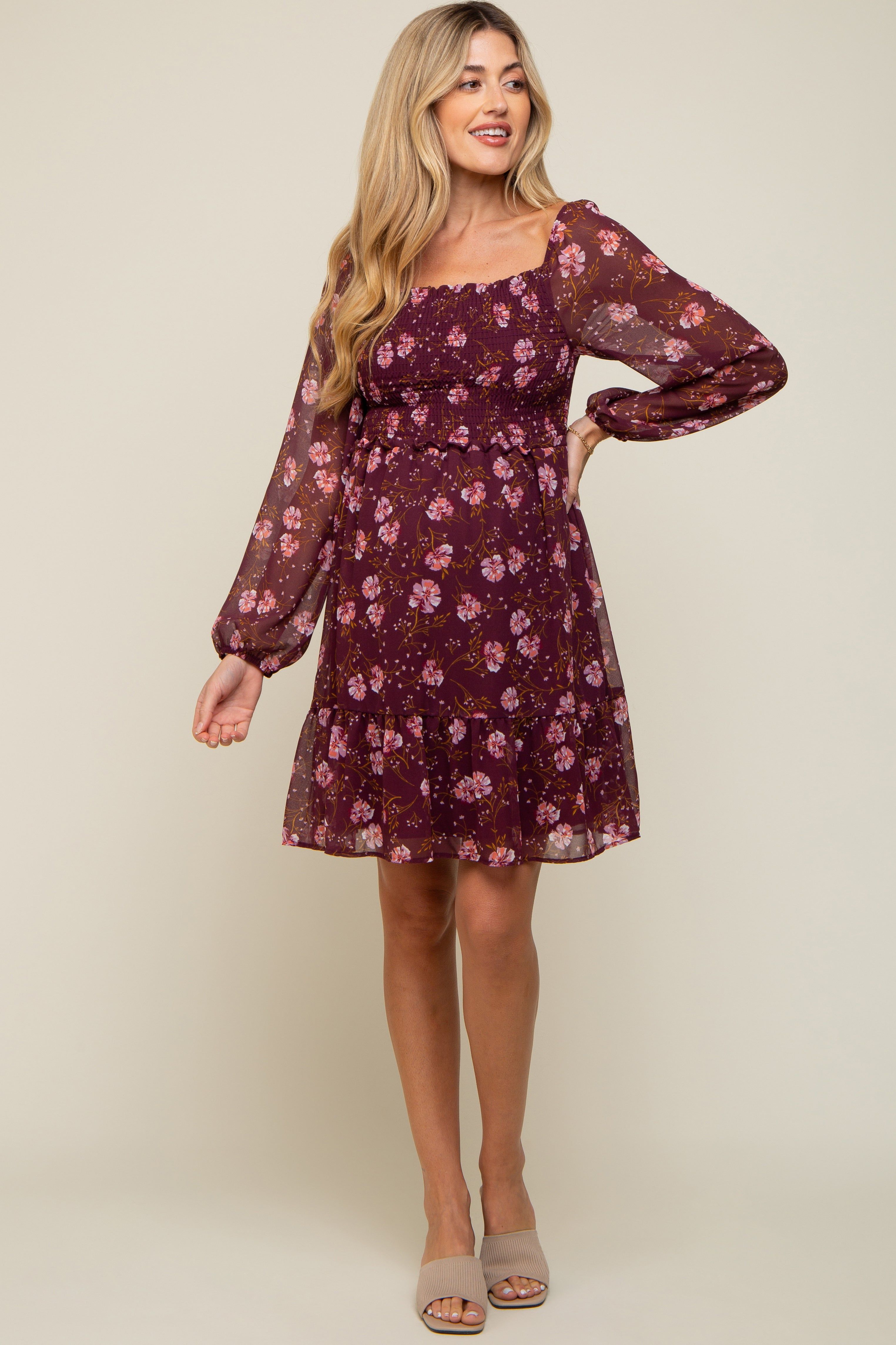 Burgundy Floral Smocked Long Sleeve Maternity Dress sold by Pinkblush