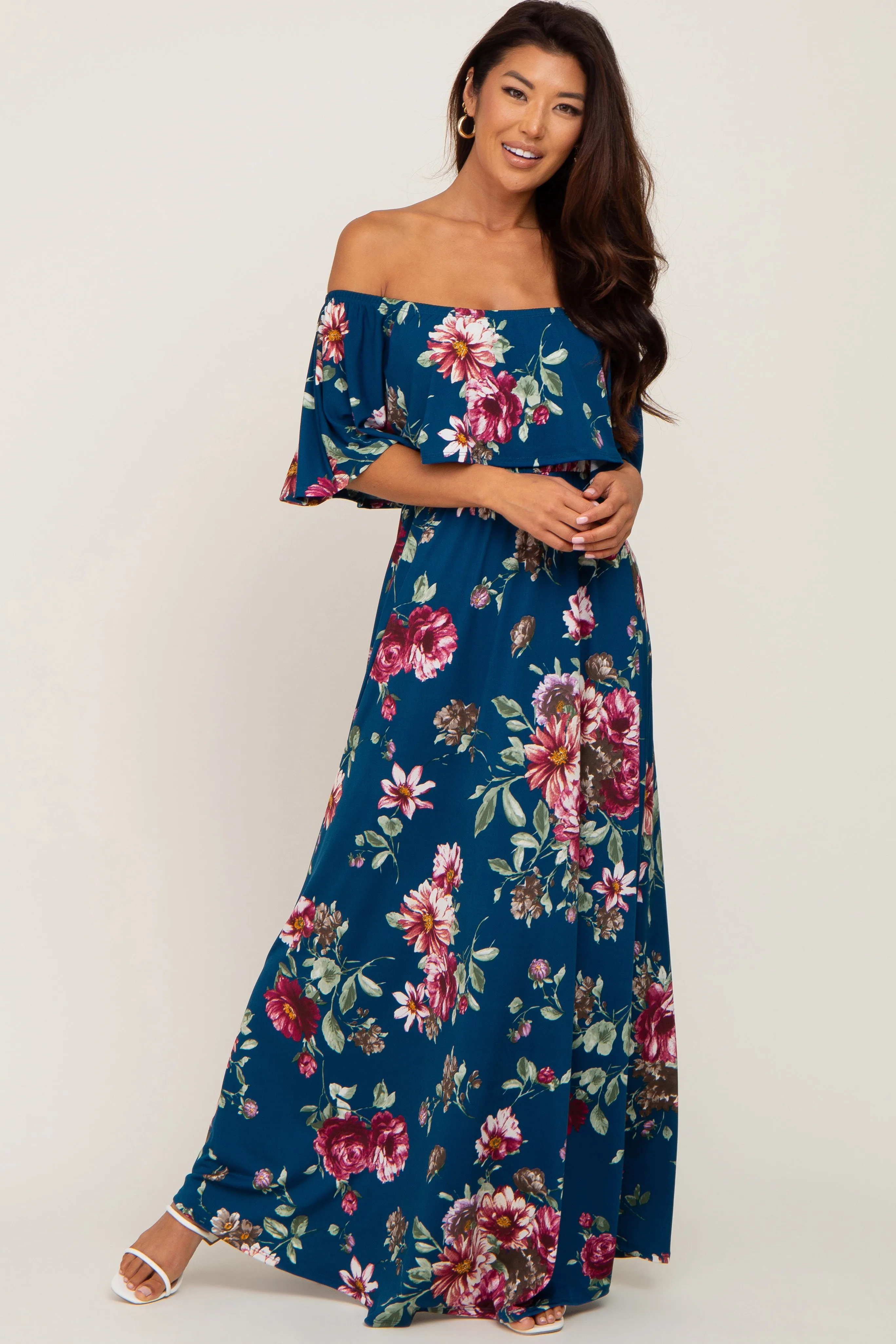 Dark Teal Floral Flounce Off Shoulder Maternity Maxi Dress sold by Pinkblush product image thumbnail 5