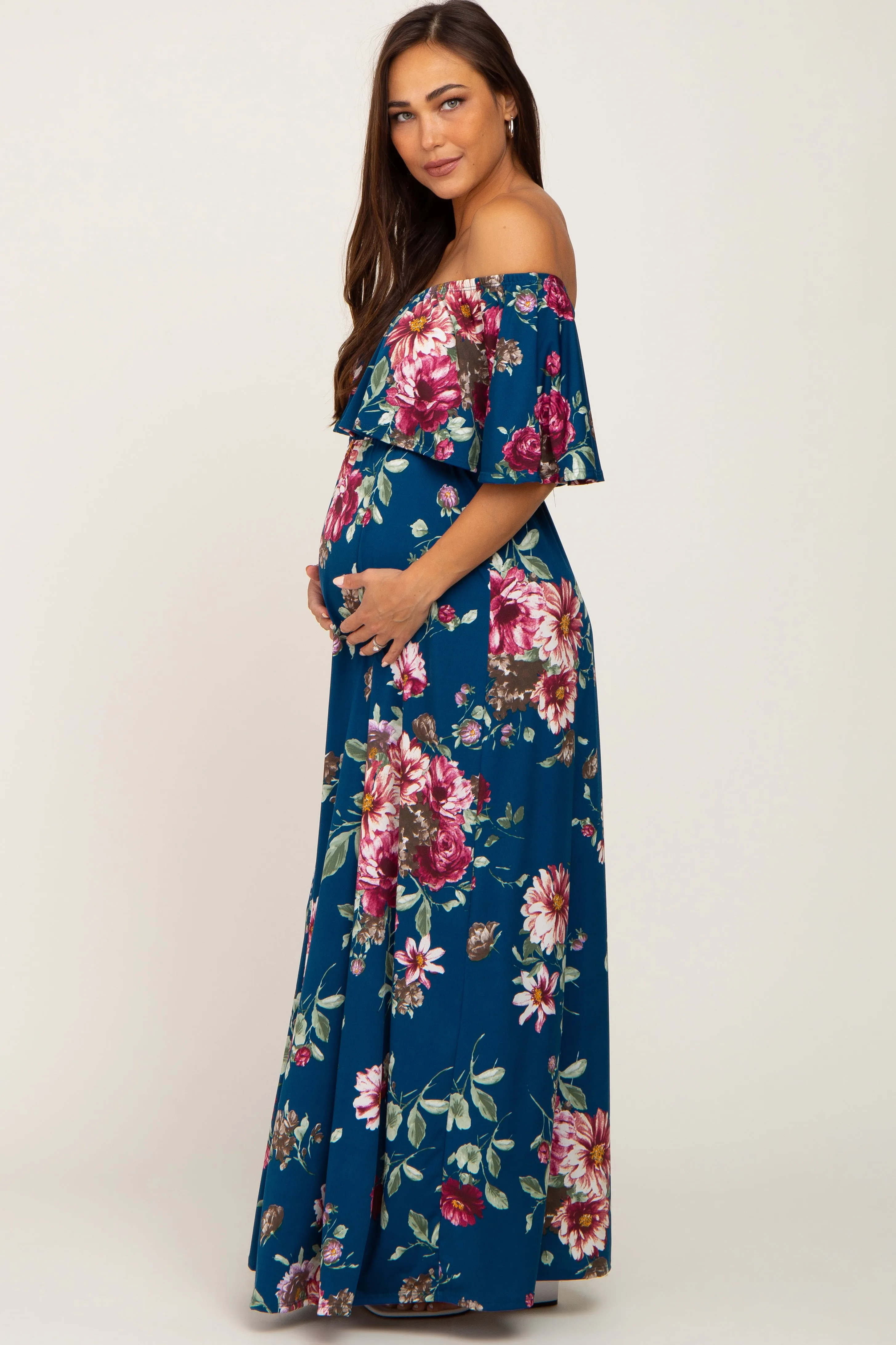 Dark Teal Floral Flounce Off Shoulder Maternity Maxi Dress sold by Pinkblush product image thumbnail 2