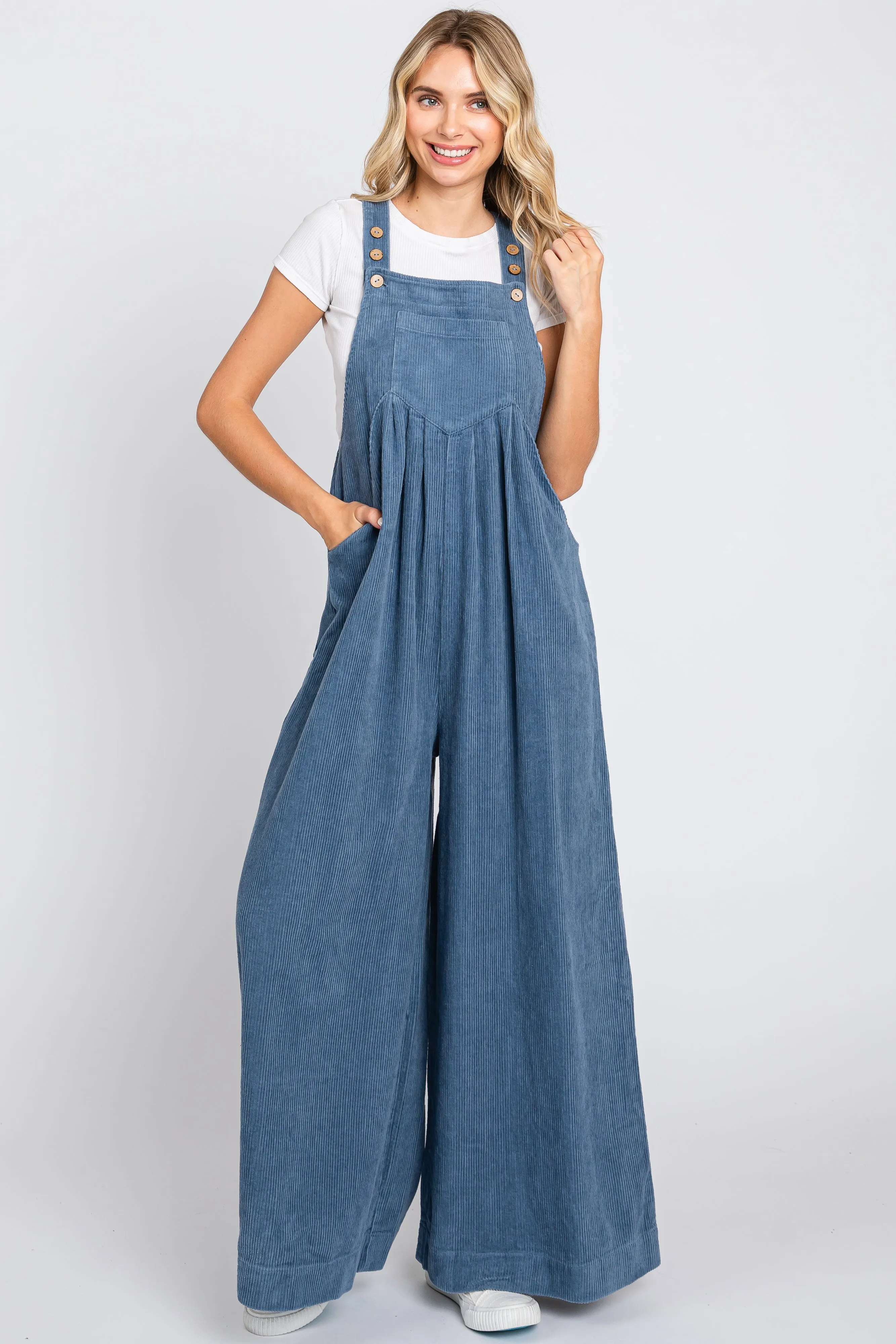 Blue Corduroy Front Pleated Wide Leg Overalls sold by Pinkblush
