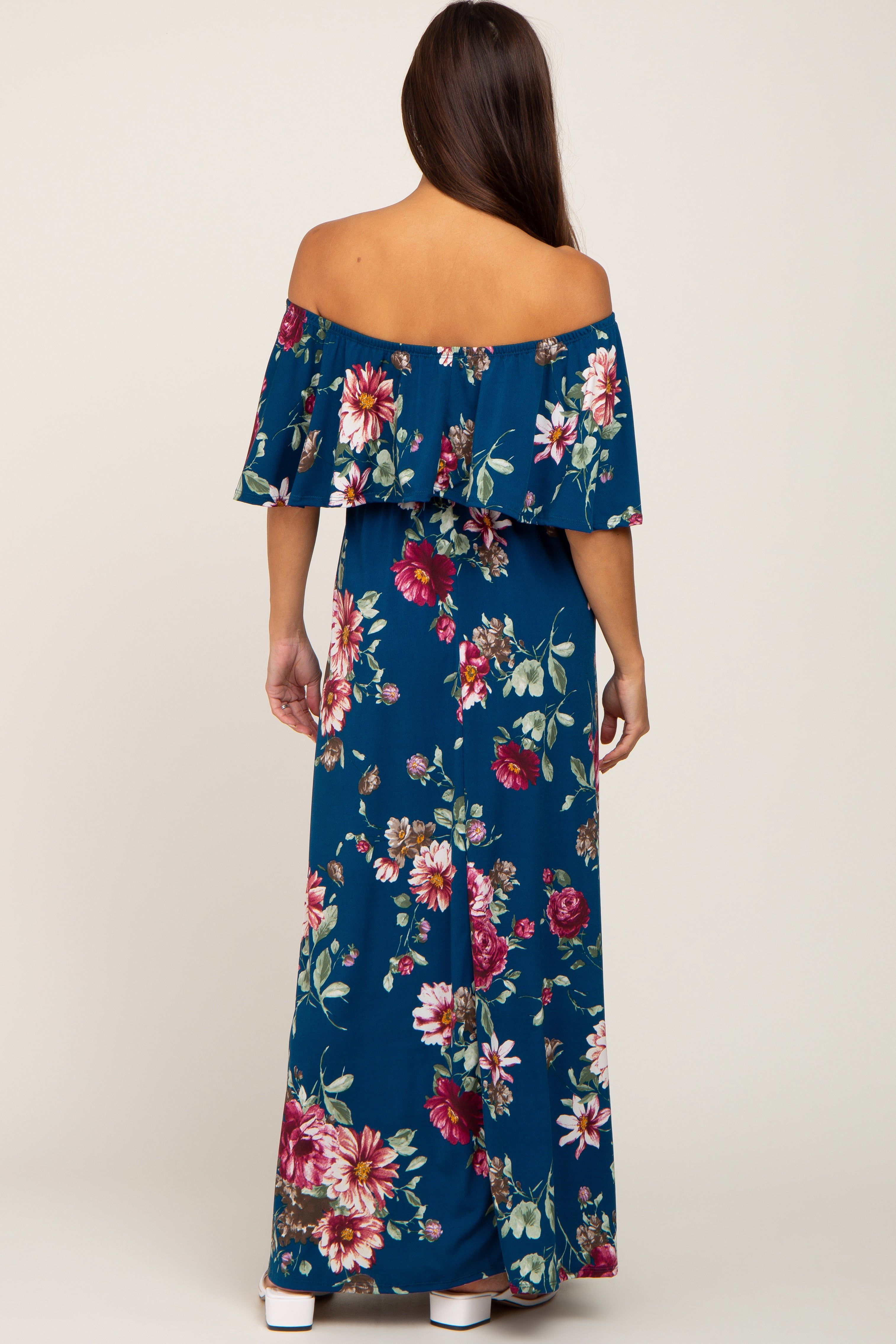 Dark Teal Floral Flounce Off Shoulder Maternity Maxi Dress sold by Pinkblush product image thumbnail 3