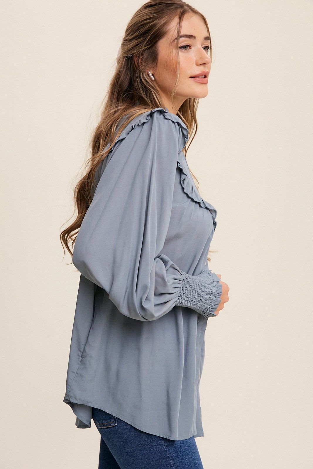 Denim Flower Embroidered Ruffle Button Down Top sold by Pinkblush product image thumbnail 2