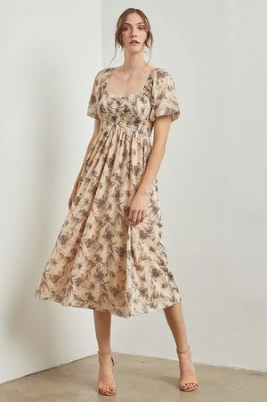 Cream Floral Smocked Short Puff Sleeve  Midi Dress sold by Pinkblush