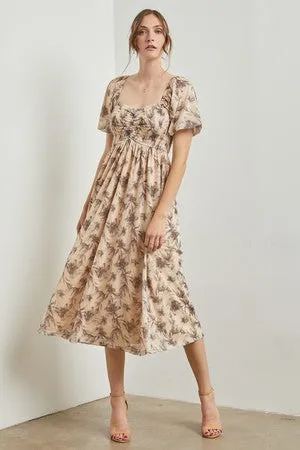Cream Floral Smocked Short Puff Sleeve Midi Dress sold by Pinkblush