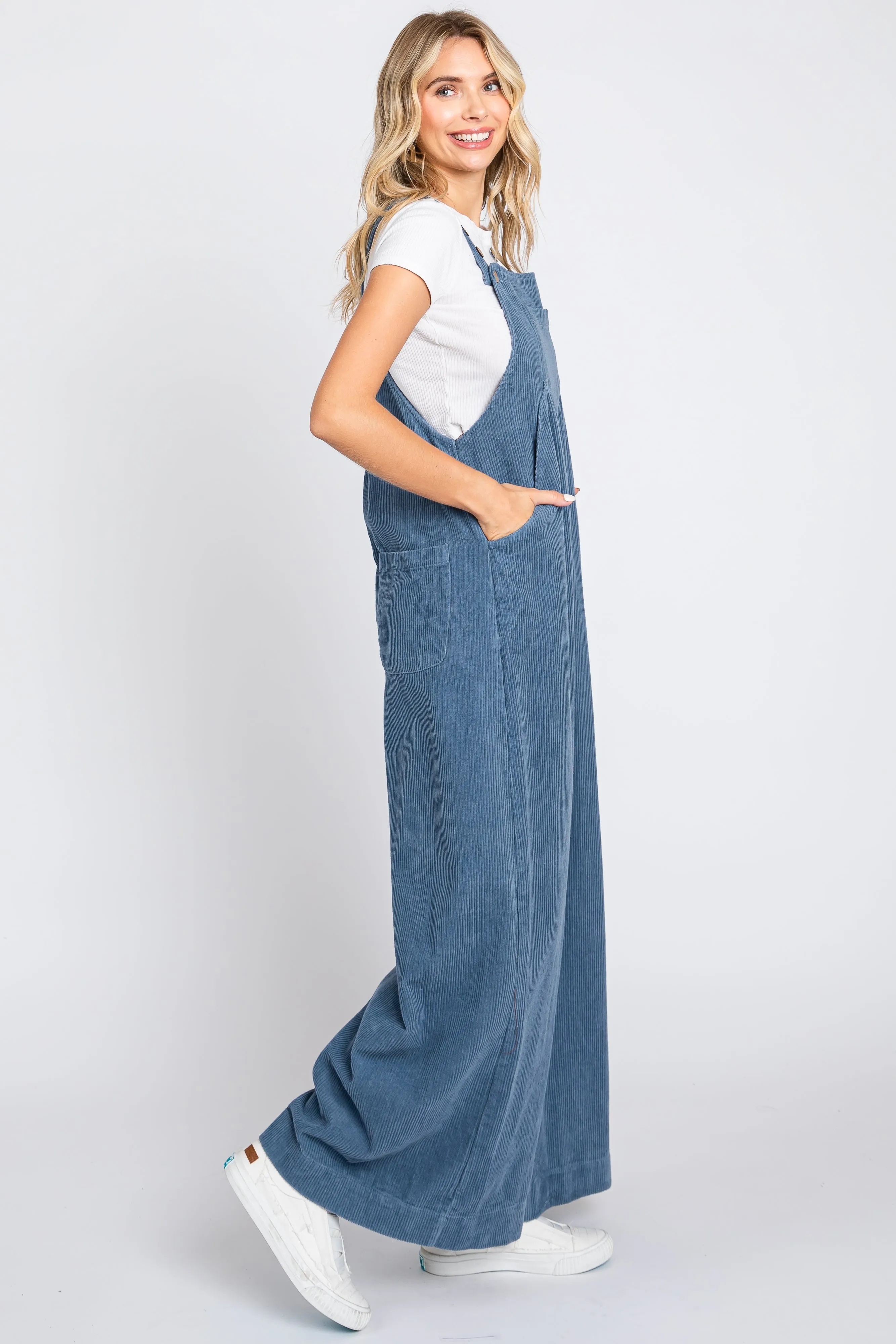 Blue Corduroy Front Pleated Wide Leg Overalls sold by Pinkblush product image thumbnail 2
