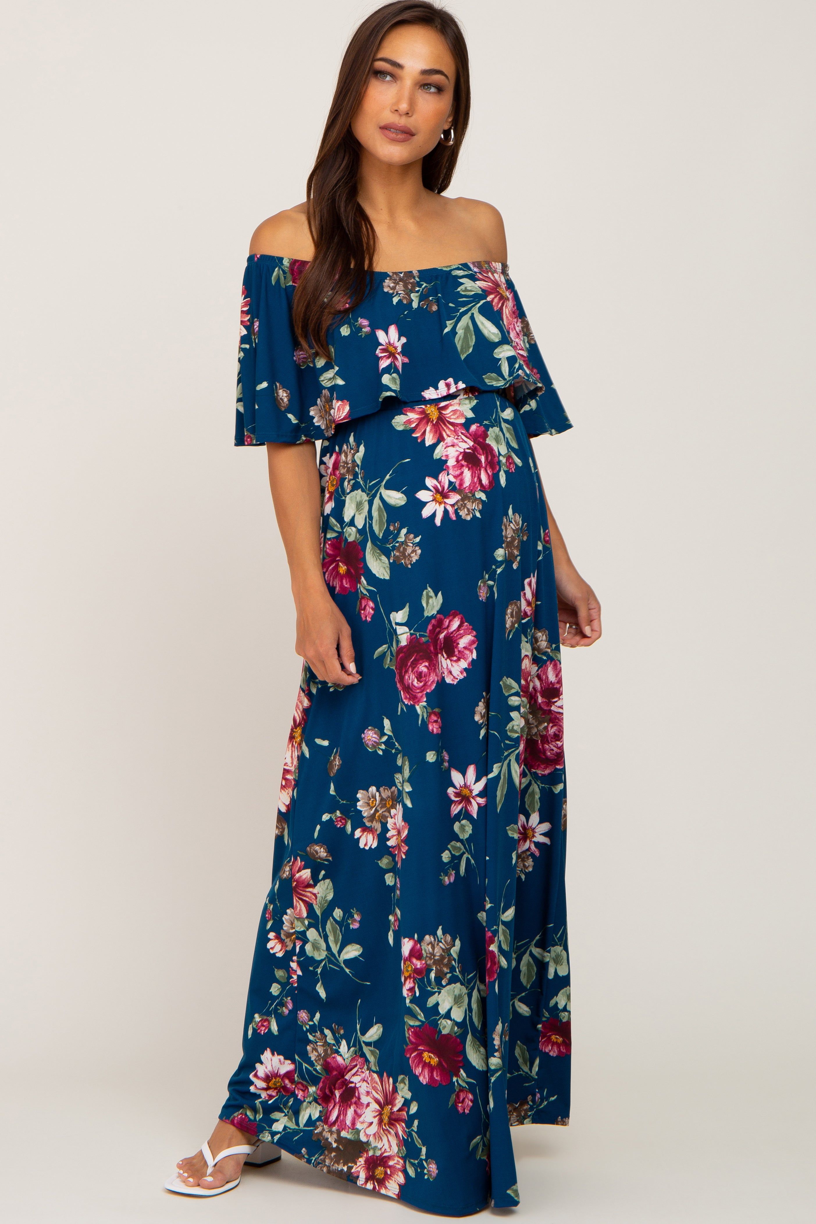 Dark Teal Floral Flounce Off Shoulder Maternity Maxi Dress sold by Pinkblush product image thumbnail 4