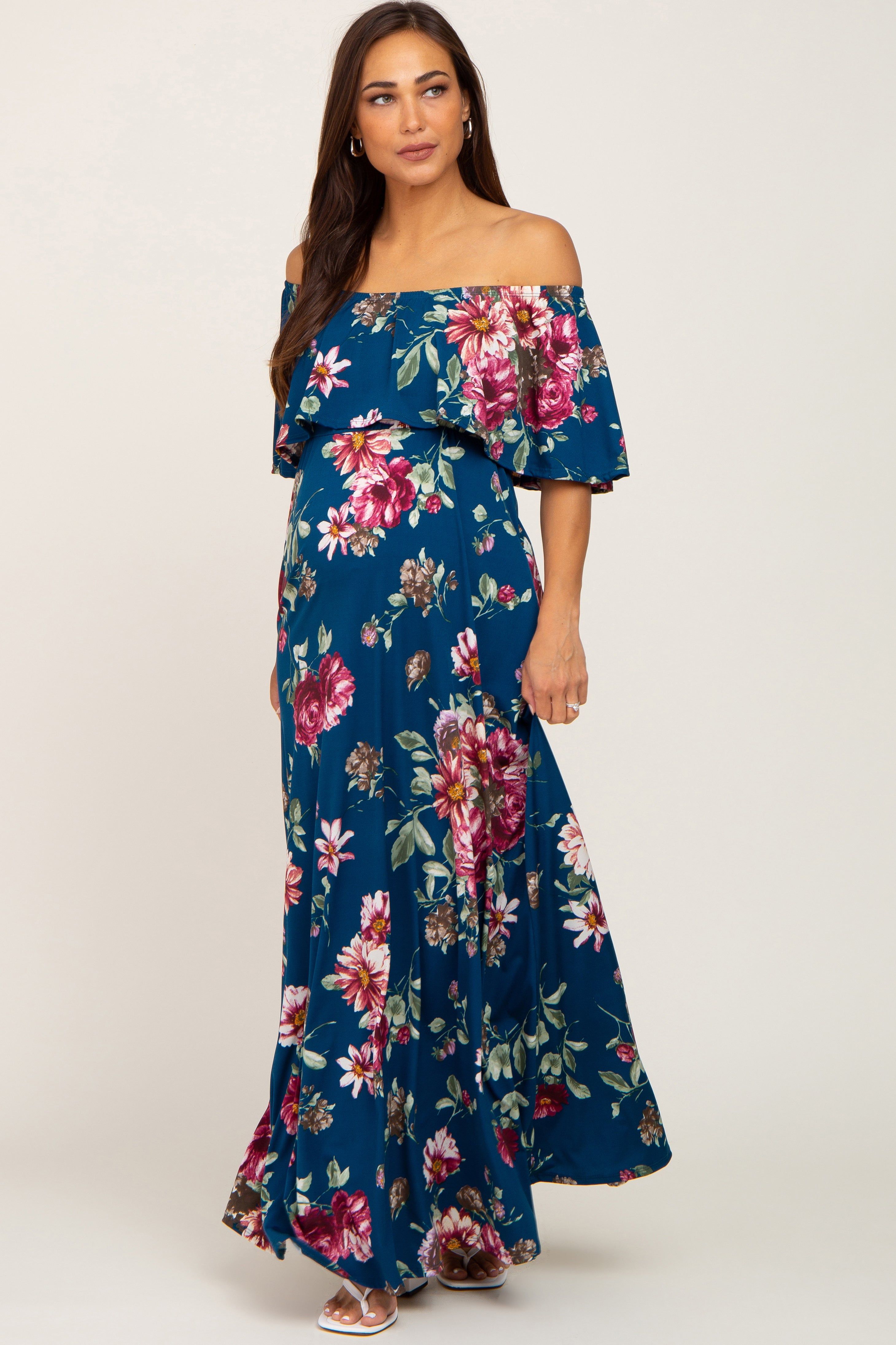 Dark Teal Floral Flounce Off Shoulder Maternity Maxi Dress sold by Pinkblush