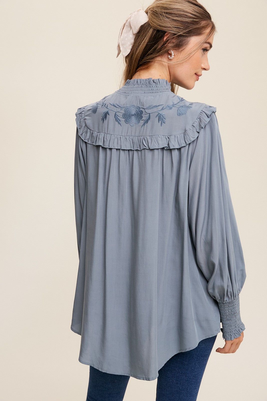 Denim Flower Embroidered Ruffle Button Down Top sold by Pinkblush product image thumbnail 3