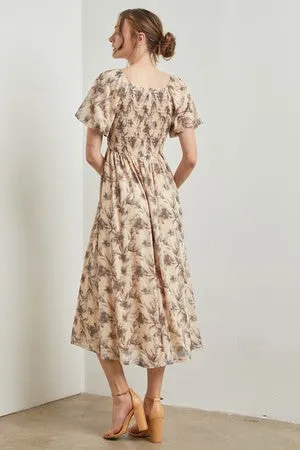 Cream Floral Smocked Short Puff Sleeve Midi Dress sold by Pinkblush product image thumbnail 2