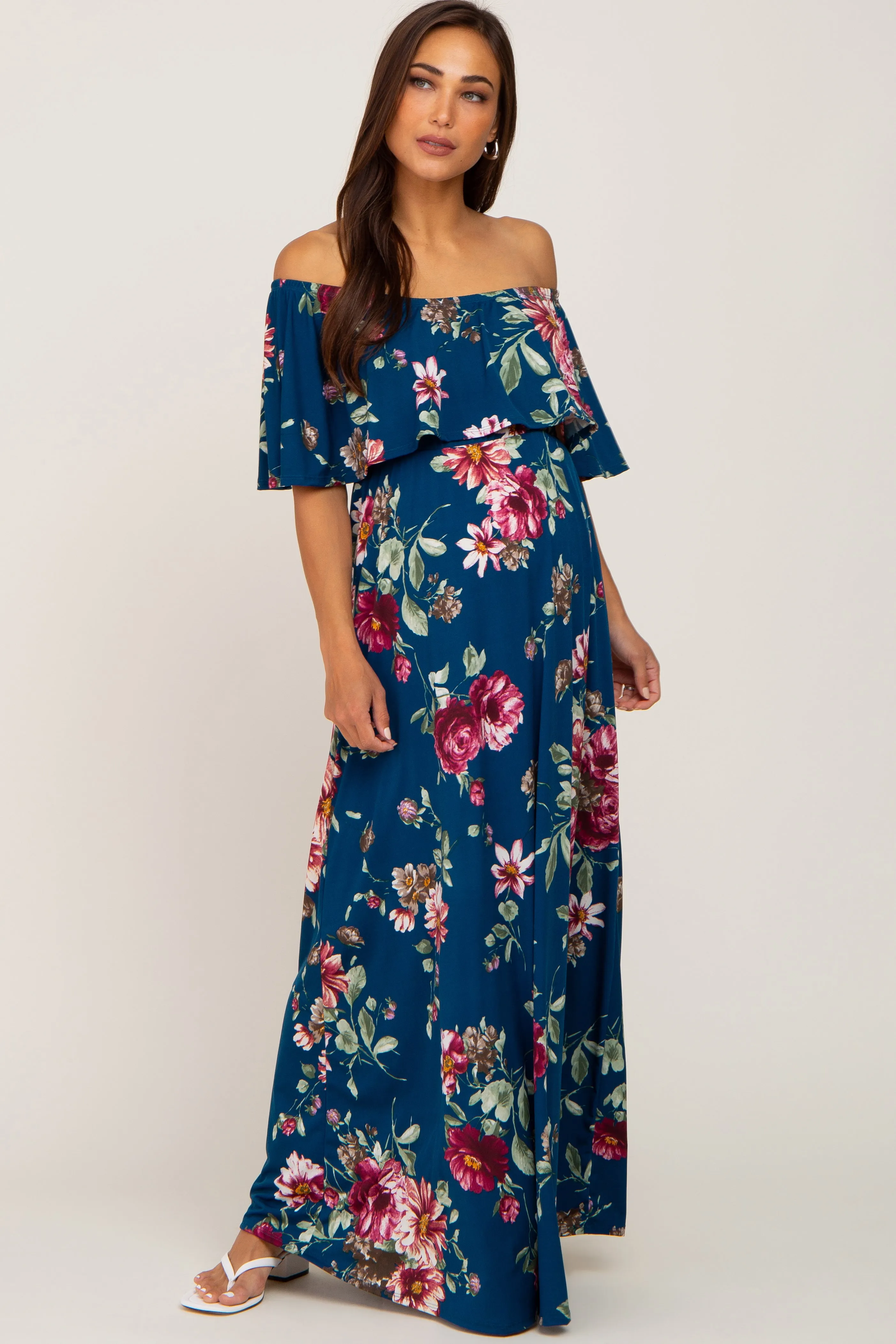 Dark Teal Floral Flounce Off Shoulder Maternity Maxi Dress sold by Pinkblush product image thumbnail 4