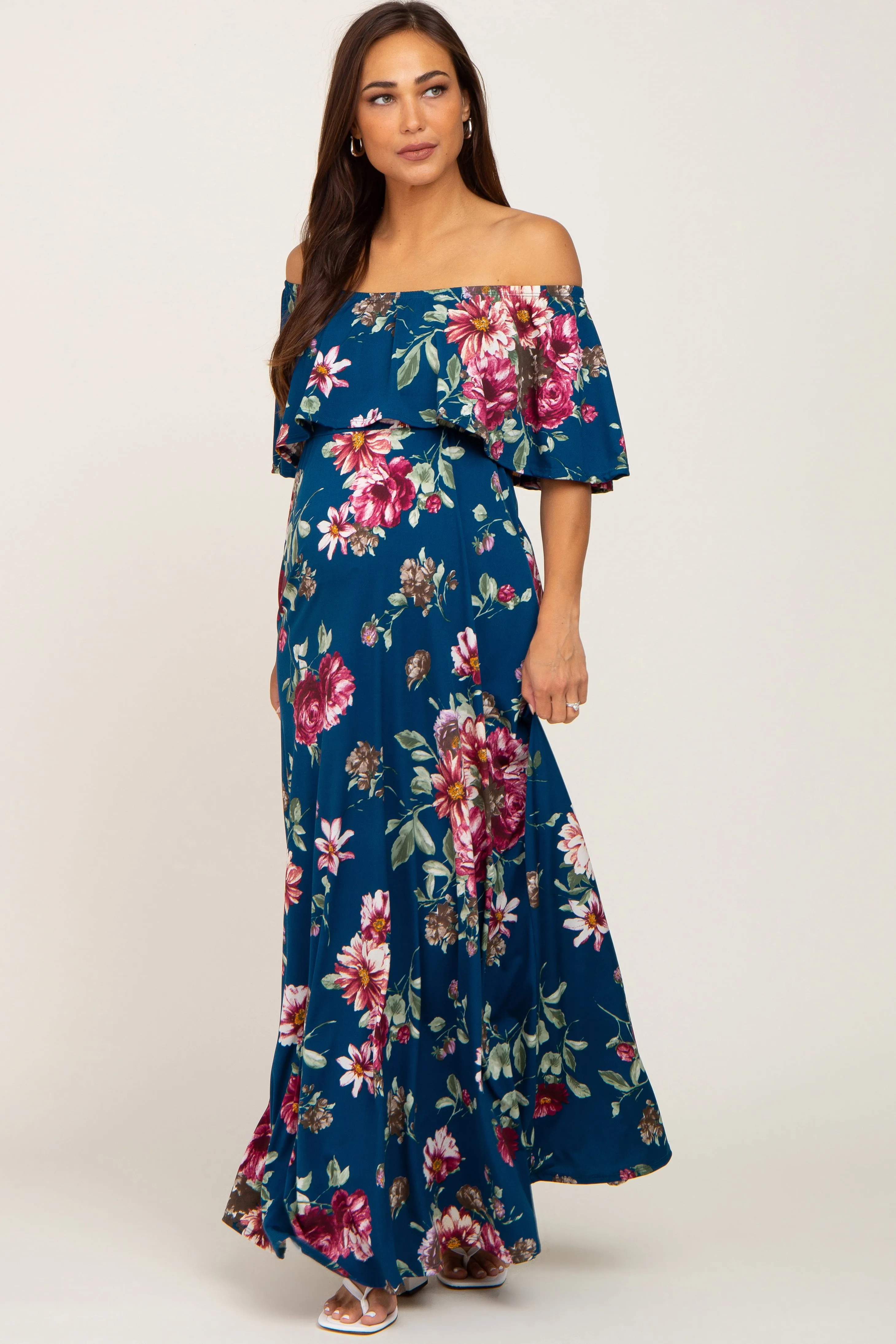 Dark Teal Floral Flounce Off Shoulder Maternity Maxi Dress sold by Pinkblush