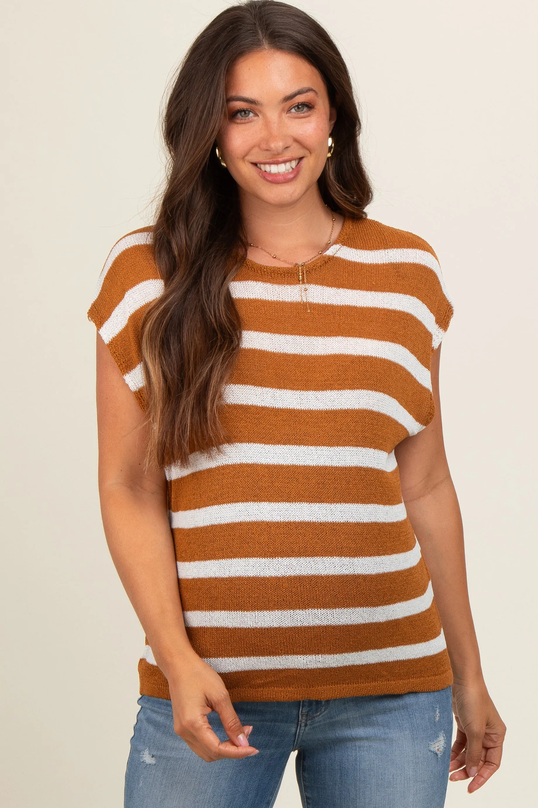 Camel Striped Dolman Short Sleeve Maternity Top sold by Pinkblush