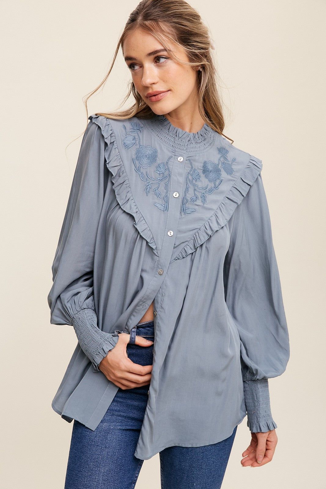 Denim Flower Embroidered Ruffle Button Down Top sold by Pinkblush