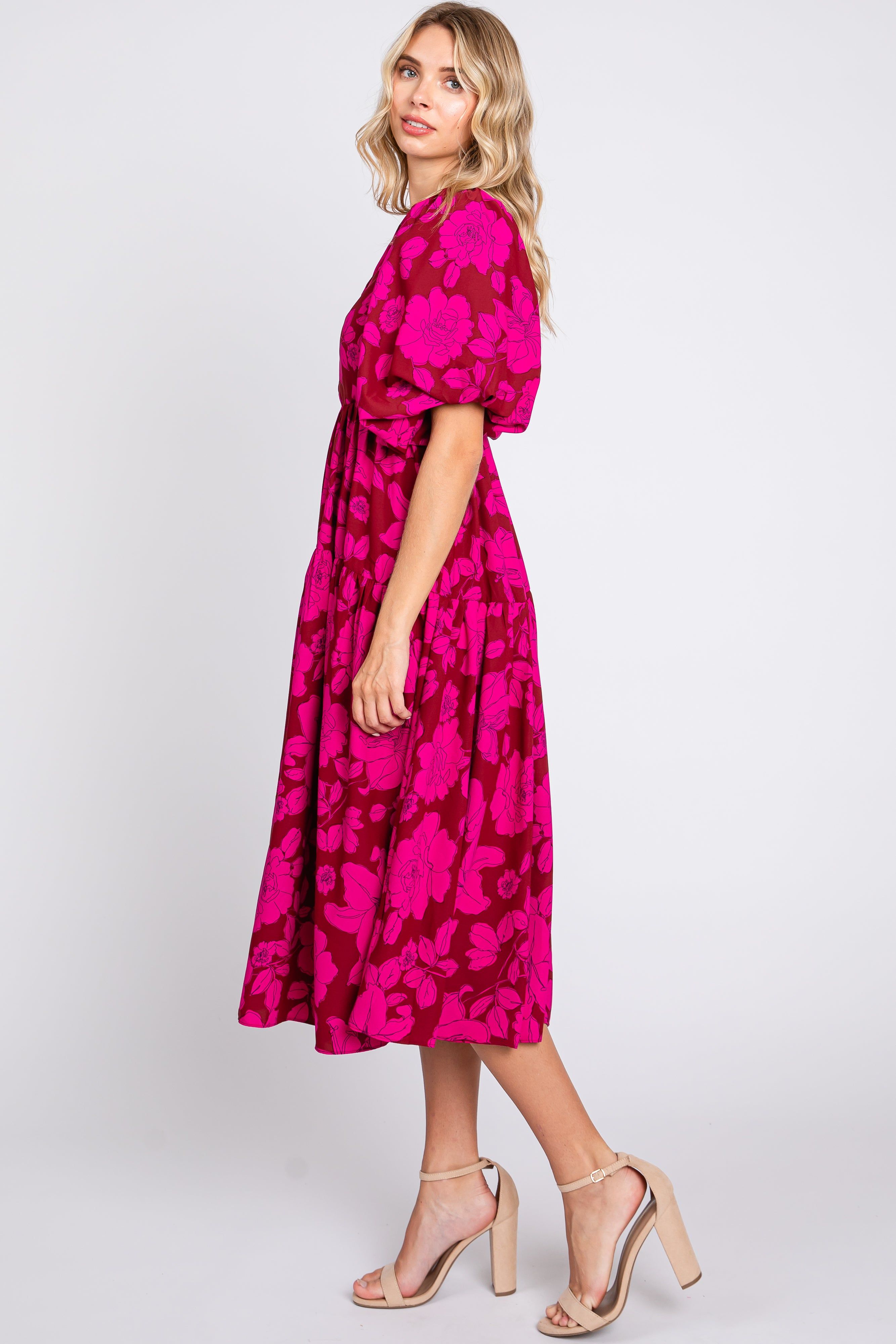 Magenta Floral Puff Sleeve Tiered Dress sold by Pinkblush product image thumbnail 2