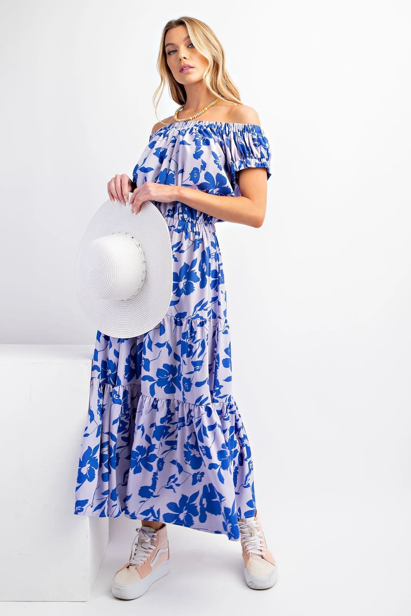 Blue Floral Print Rayon Challis Maxi Dress sold by Pinkblush