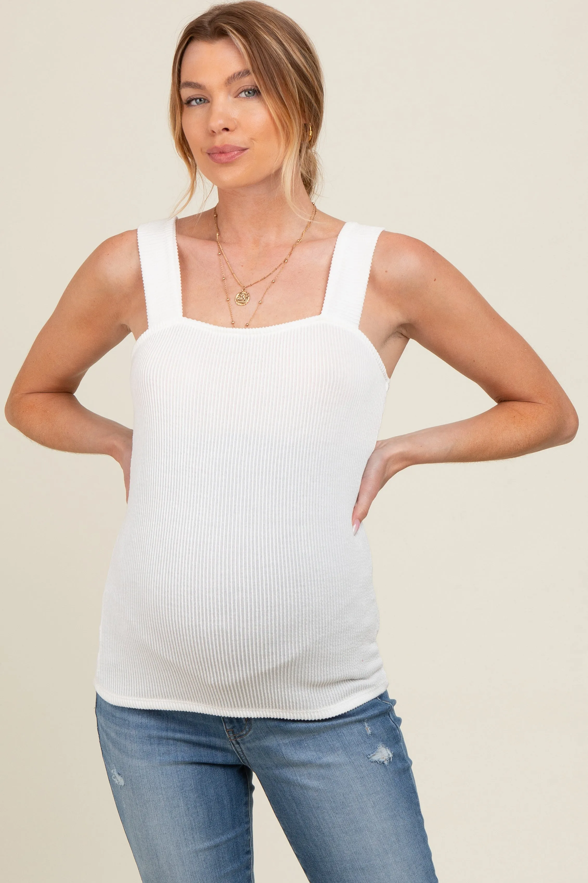 Ivory Ribbed Square Neck Maternity Tank Top sold by Pinkblush