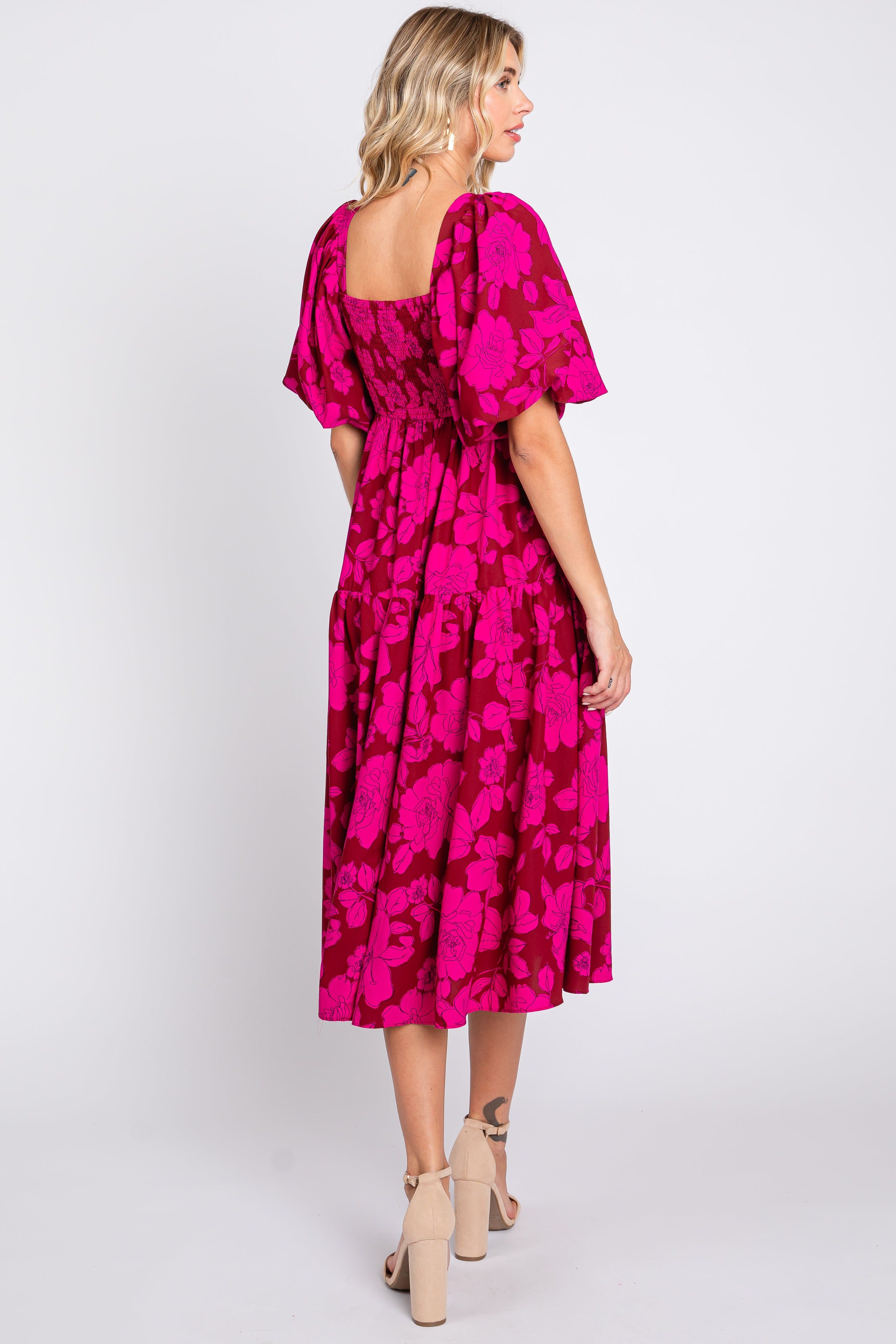 Magenta Floral Puff Sleeve Tiered Dress sold by Pinkblush product image thumbnail 3