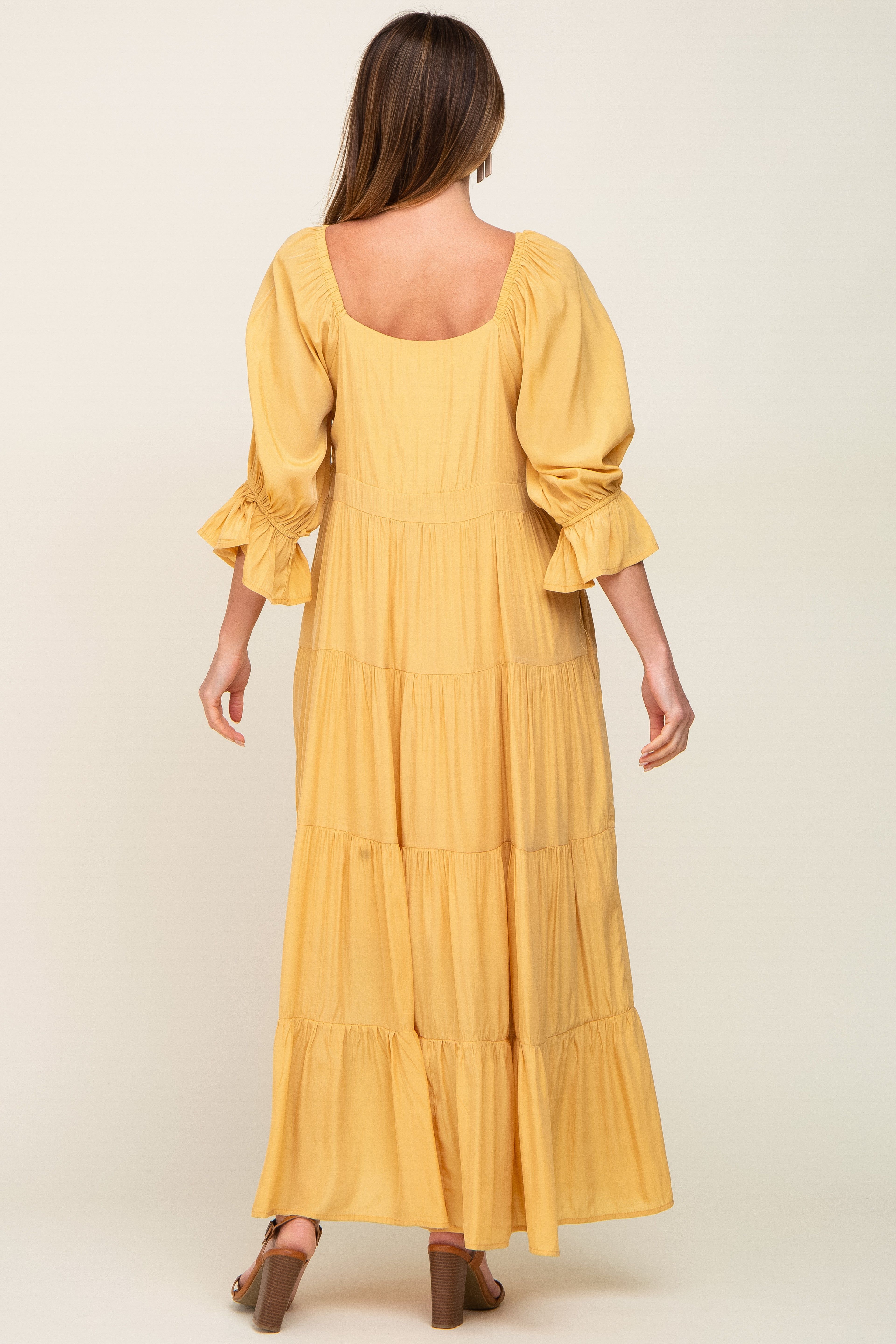 Yellow Square Neck Button Front 3/4 Bell Sleeve Maxi Dress sold by Pinkblush product image thumbnail 3