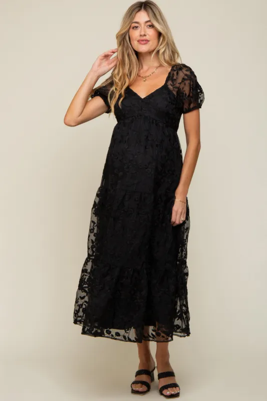 Black Floral Embroidered Puff Sleeve Maternity Midi Dress sold by Pinkblush