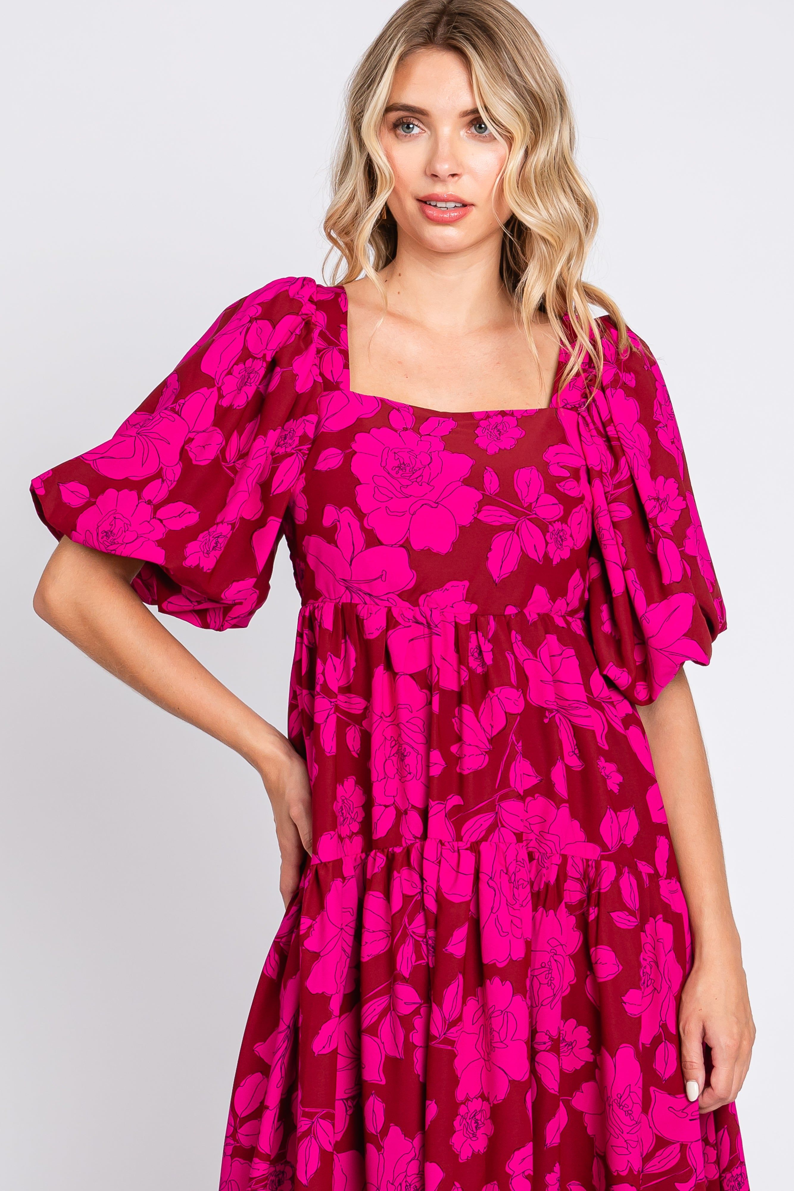 Magenta Floral Puff Sleeve Tiered Dress sold by Pinkblush product image thumbnail 4