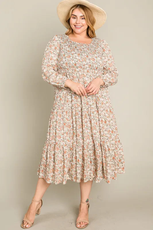Cream Floral Smocked 3/4 Sleeve Plus Midi Dress sold by Pinkblush