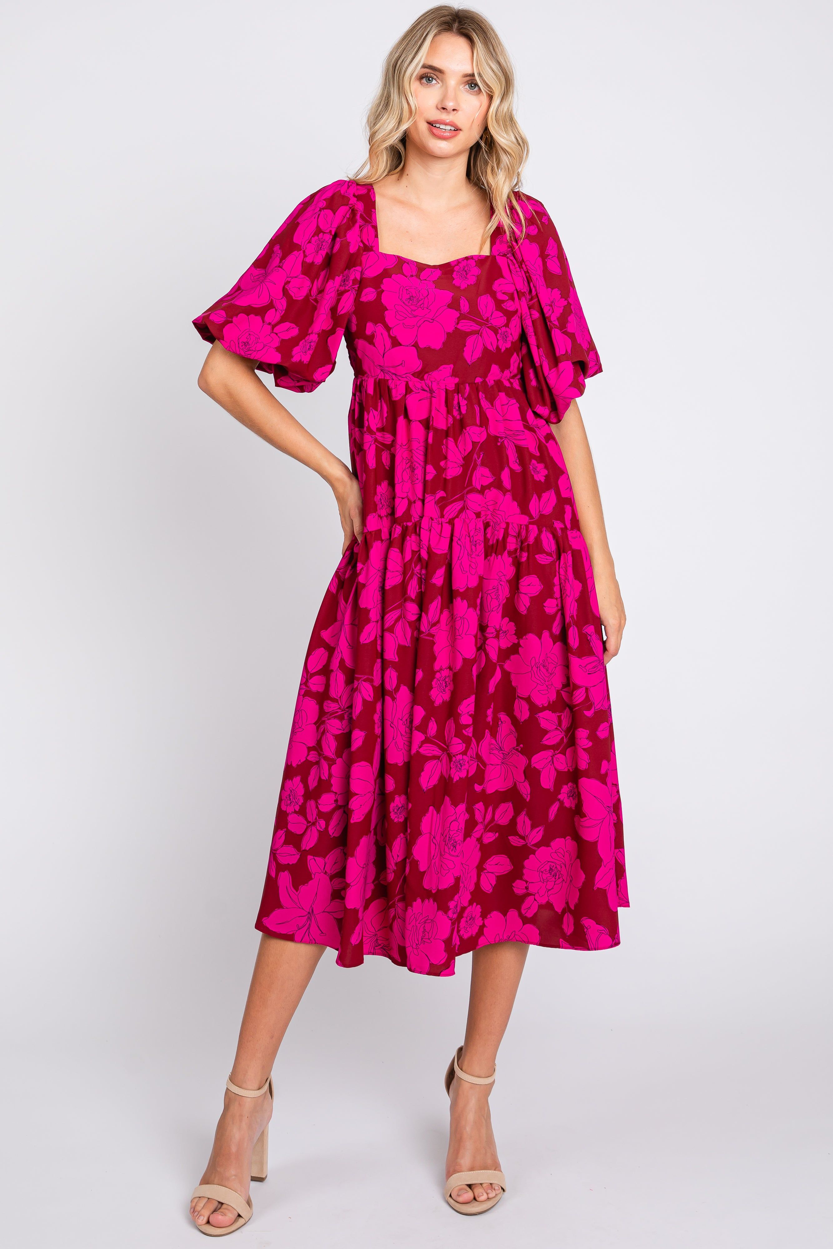Magenta Floral Puff Sleeve Tiered Dress sold by Pinkblush