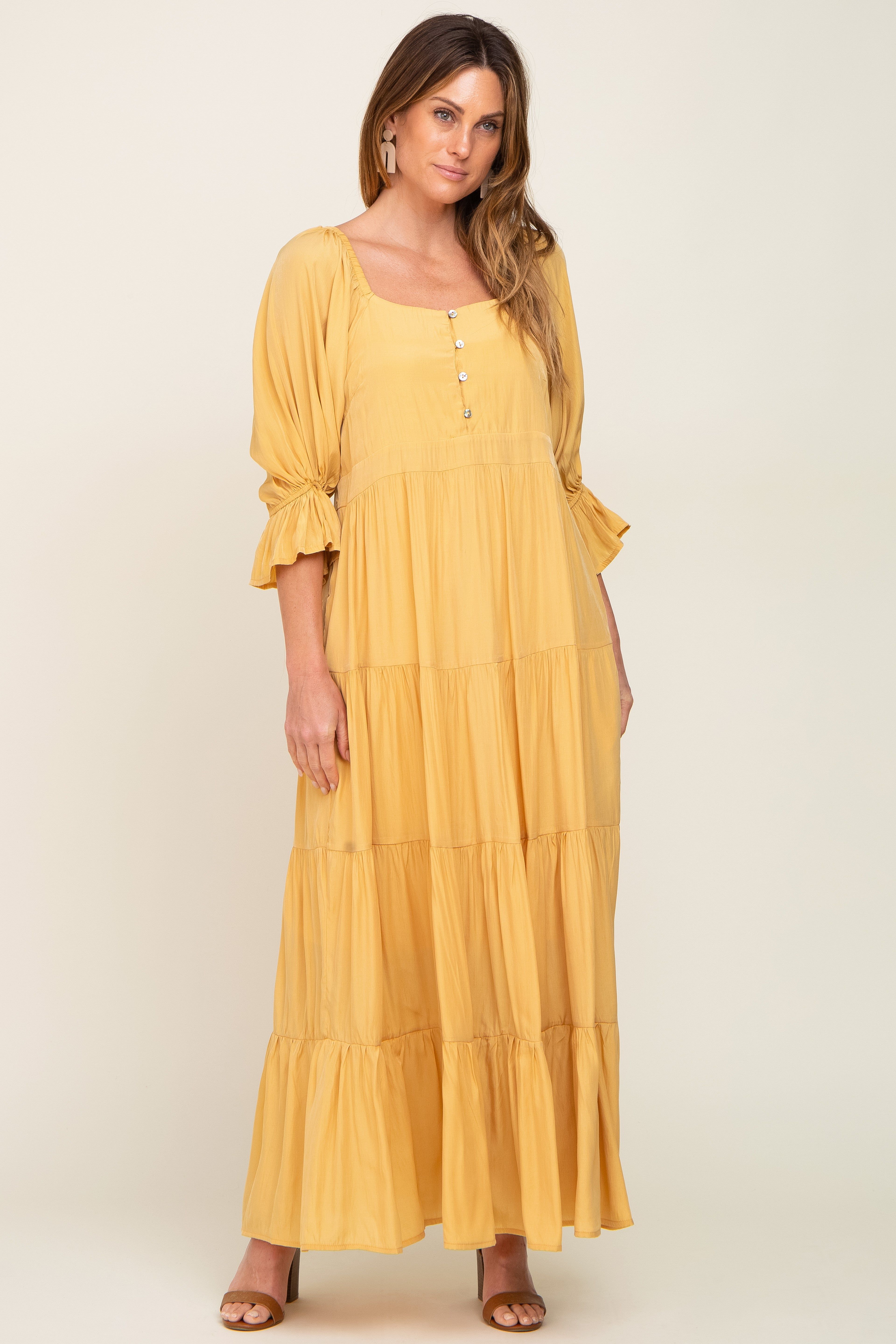 Yellow Square Neck Button Front 3/4 Bell Sleeve Maxi Dress sold by Pinkblush product image thumbnail 4