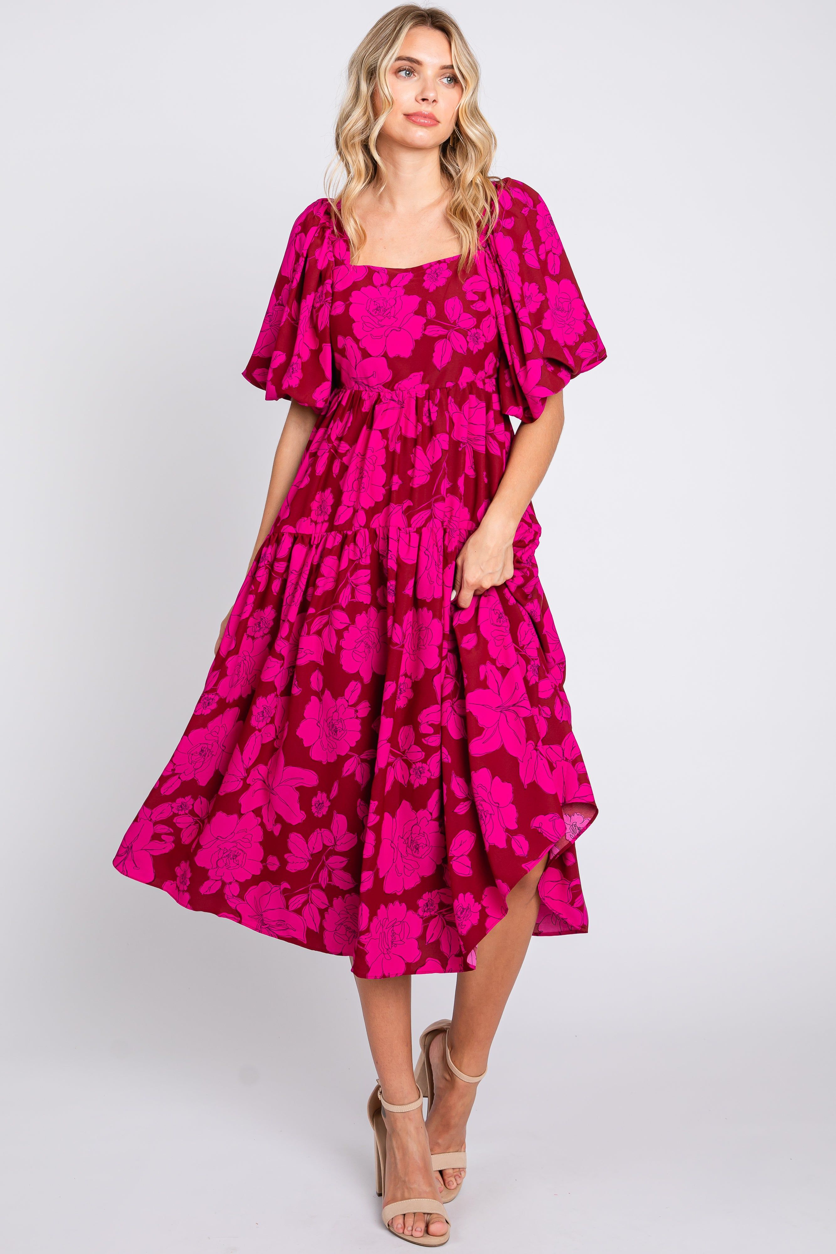 Magenta Floral Puff Sleeve Tiered Dress sold by Pinkblush product image thumbnail 5