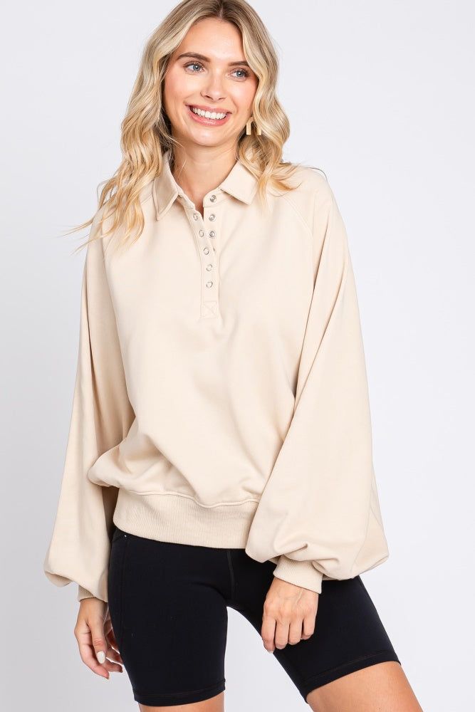 Beige Collared Button Pullover sold by Pinkblush