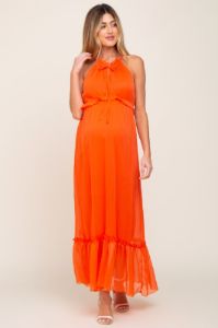 Orange Chiffon Ruffle Accent Halter Maternity Maxi Dress sold by Pinkblush